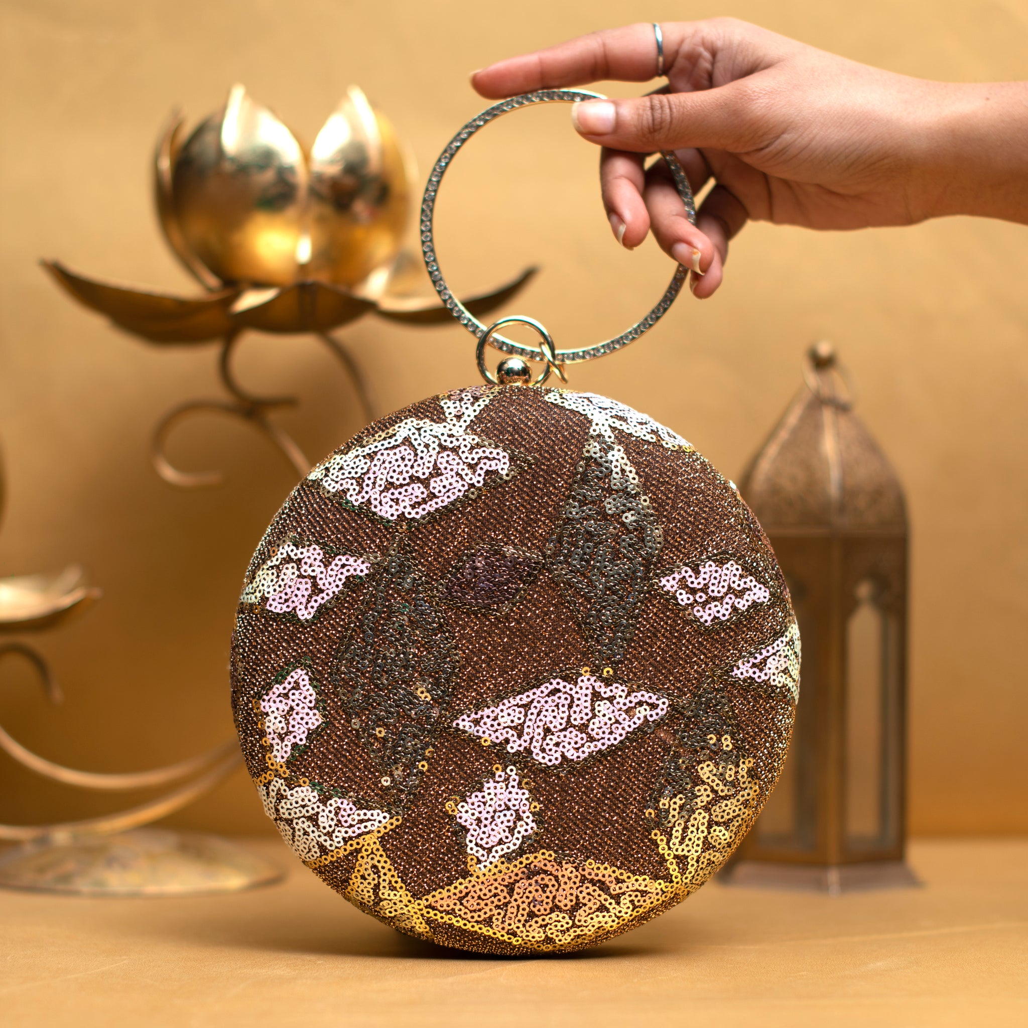 Golden And White Sequins Embroidery Round Clutch