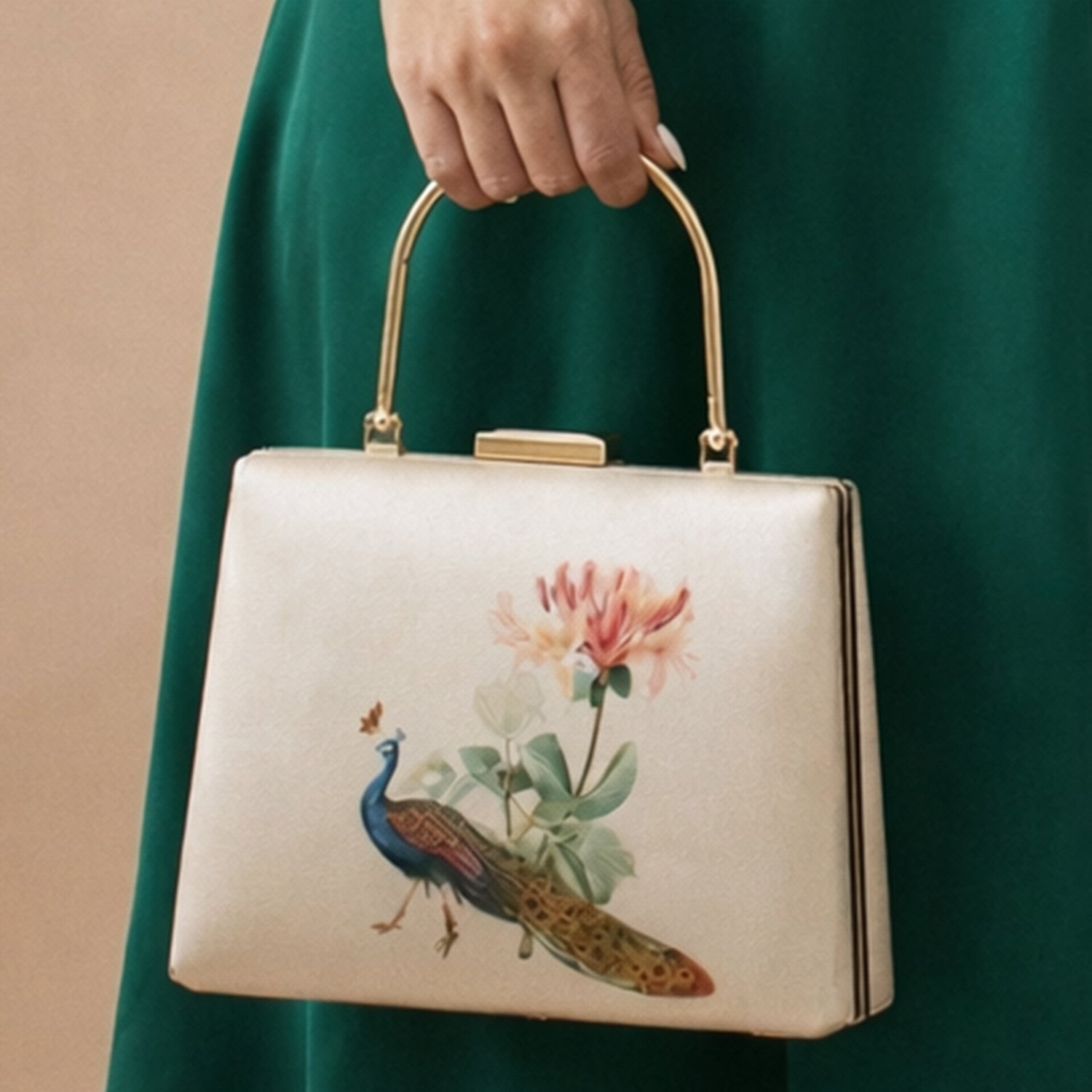 Artklim Peacock With Flower Printed Clutch