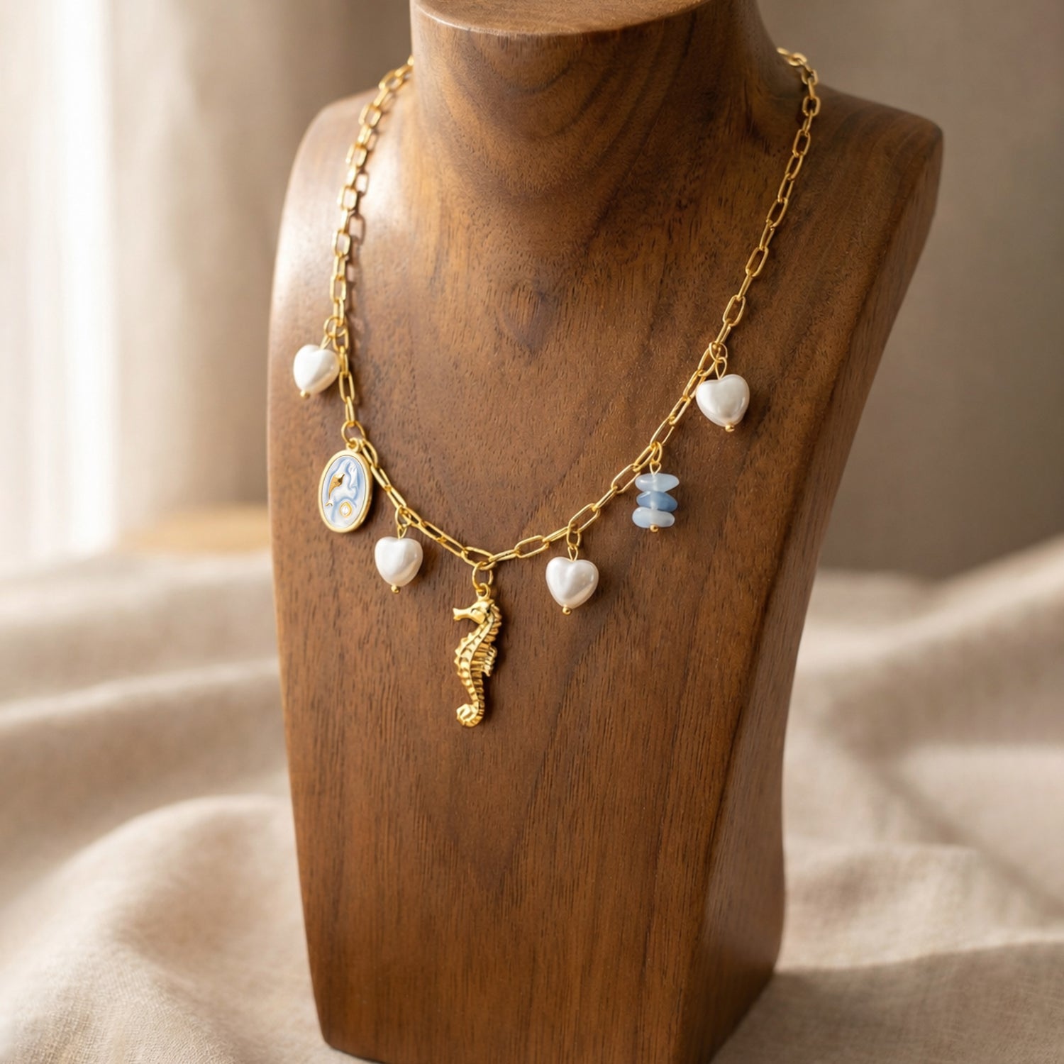 Artklim Gold-Plated Trendy Seahorse & Heart Charm Anti-Tarnish Necklace