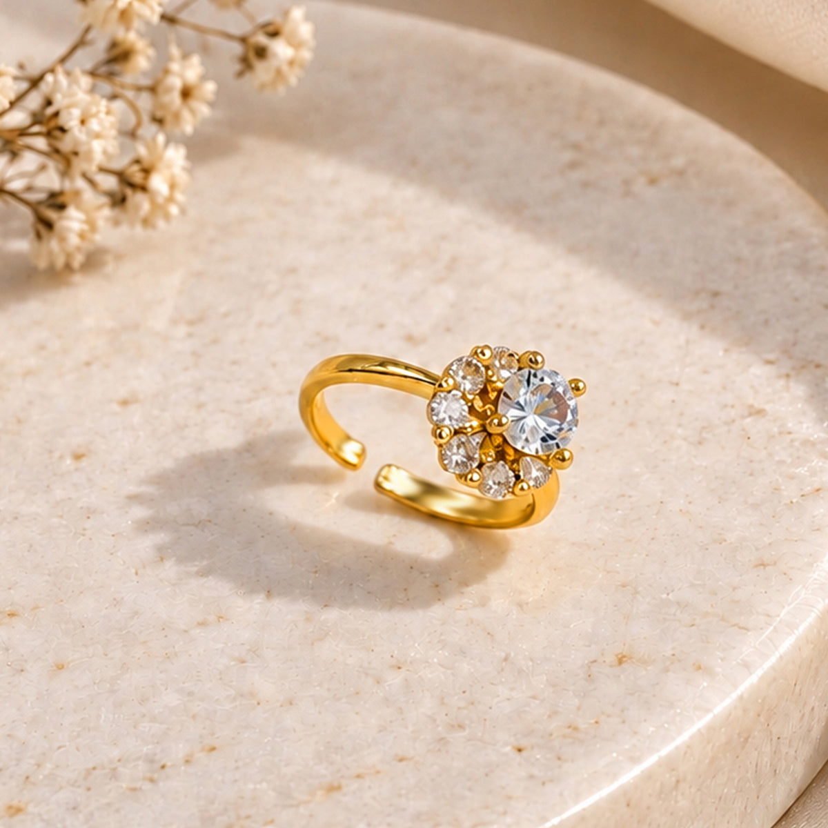Artklim Classic Solitaire Crystal Gold-Tone Statement Anti-Tarnish Ring