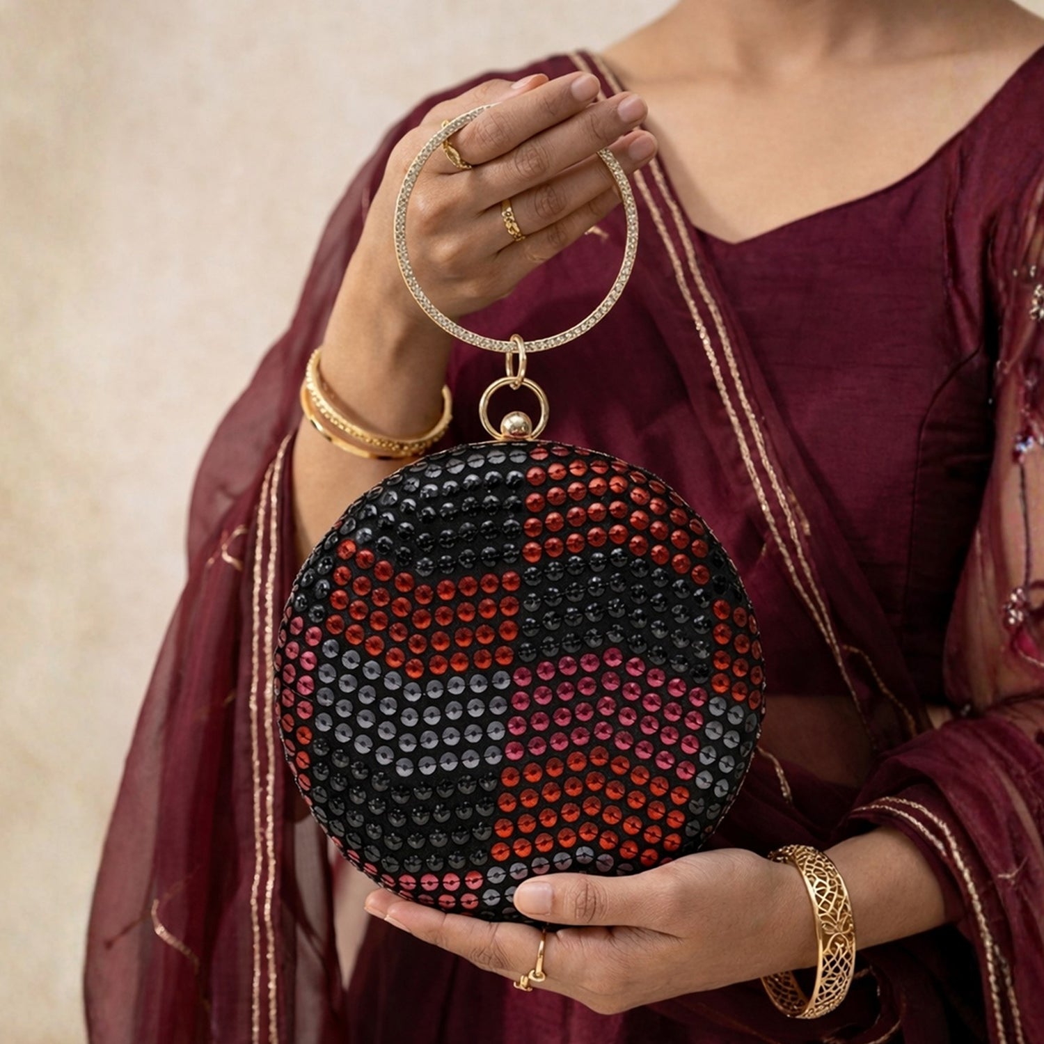 Artklim Glam Noir Red Sequin Pattern Embroidery Clutch