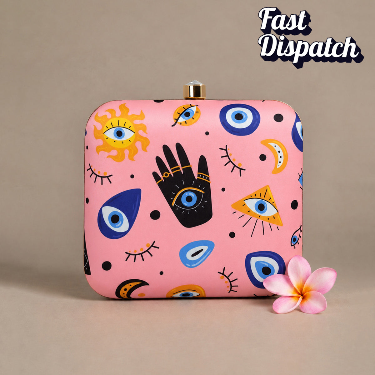 Artklim Pink Evil Eye Hand Pattern Printed Clutch