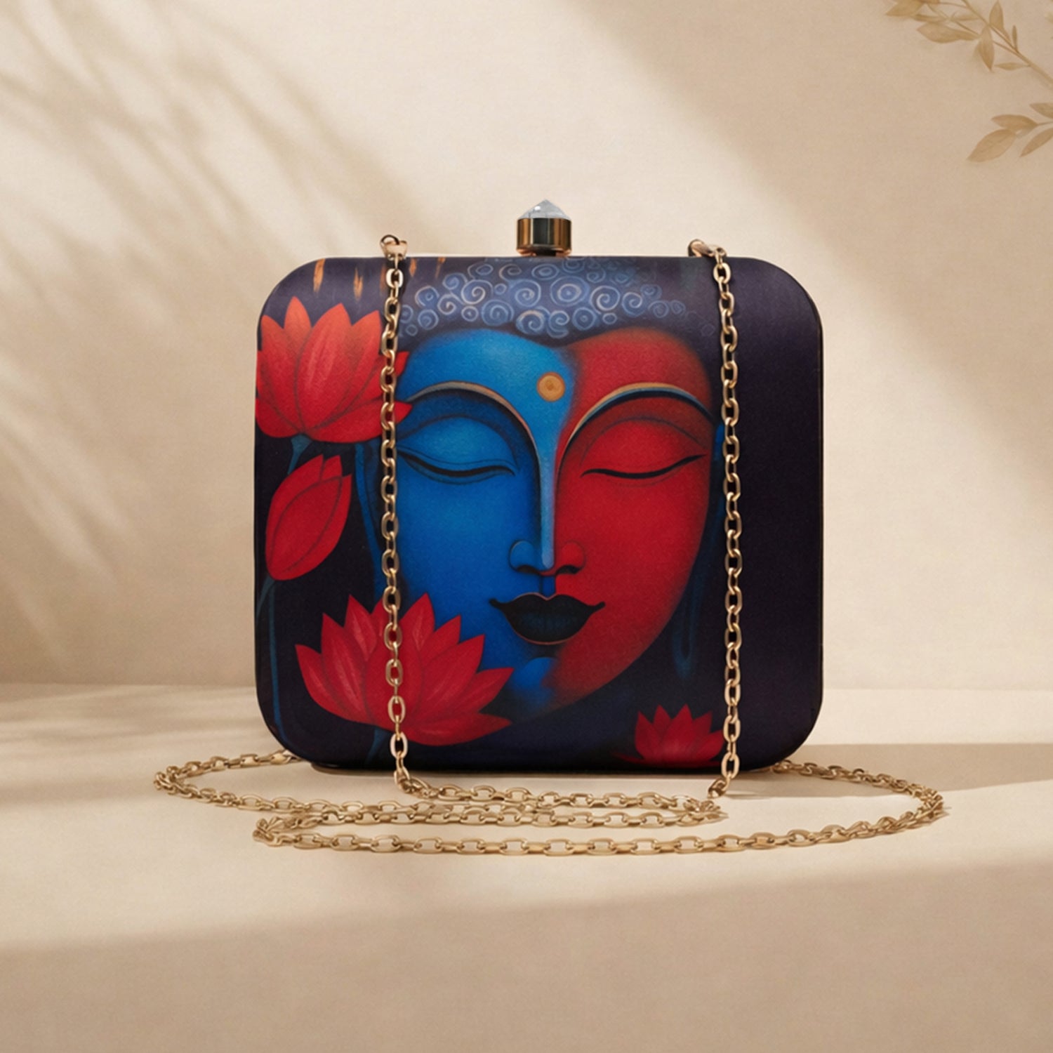 Artklim Black Based Buddha With Lotus Flower Printed Clutch