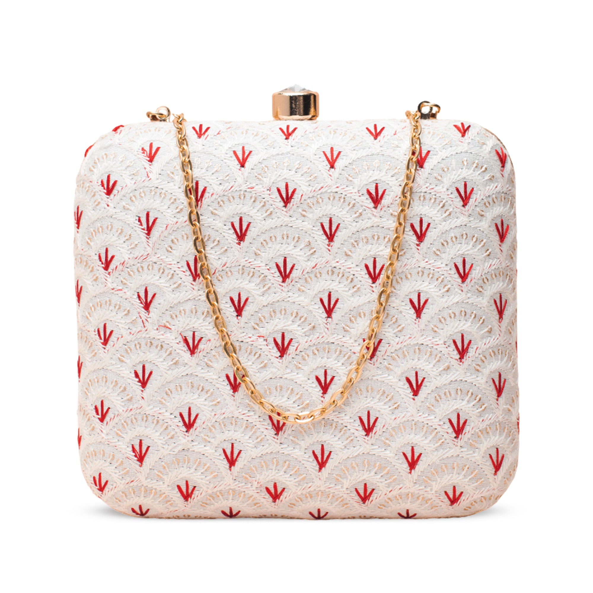 Artklim White with red–gold Bloom Embroidered Clutch