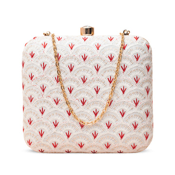 Artklim White with red–gold Bloom Embroidered Clutch