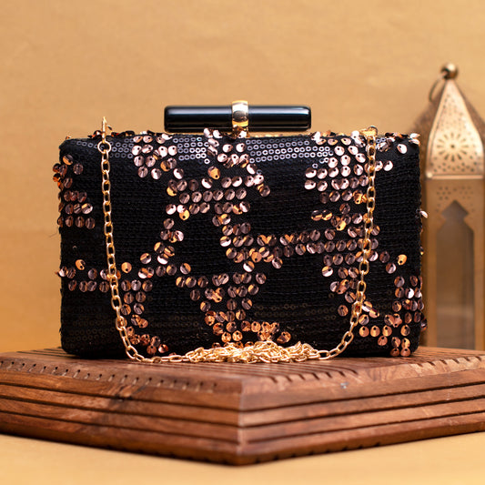 Rose Gold Sequins Pattern Black Embroidery Clutch