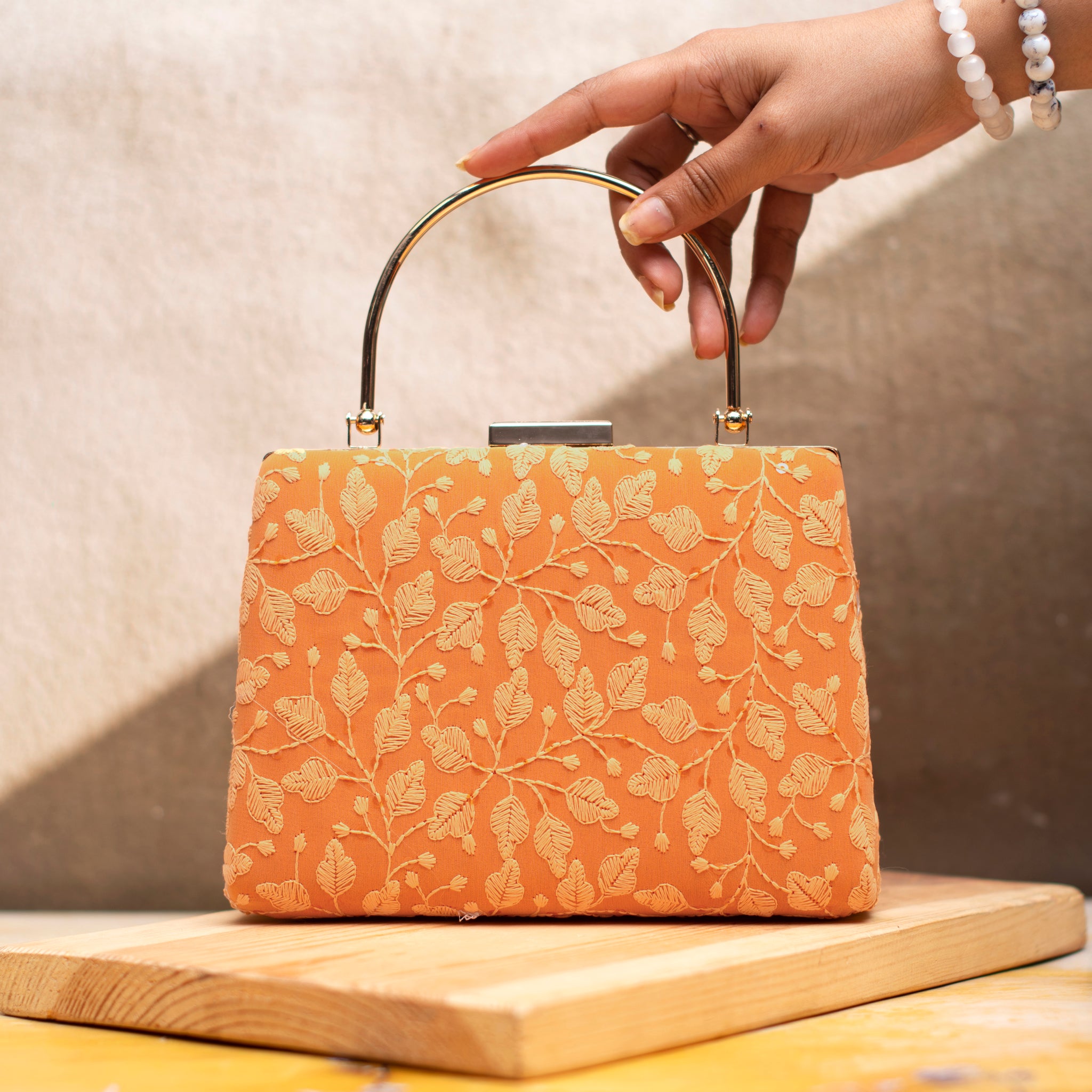 Orange Chikankari Embroidery Clutch