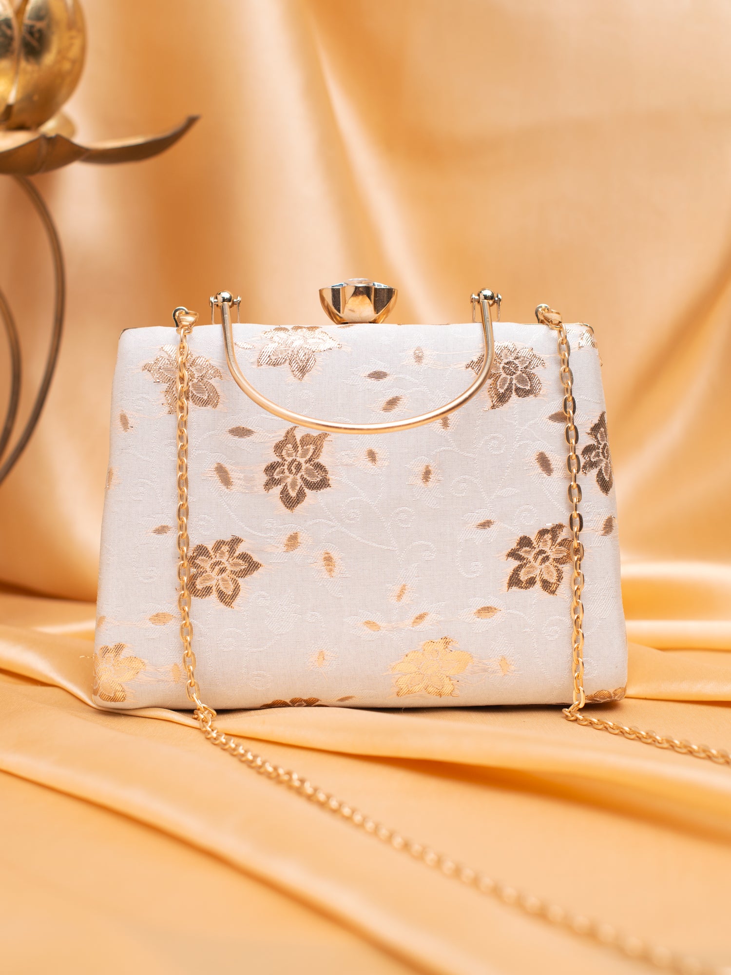 Artklim Elegant Beige & Gold Floral Brocade Clutch