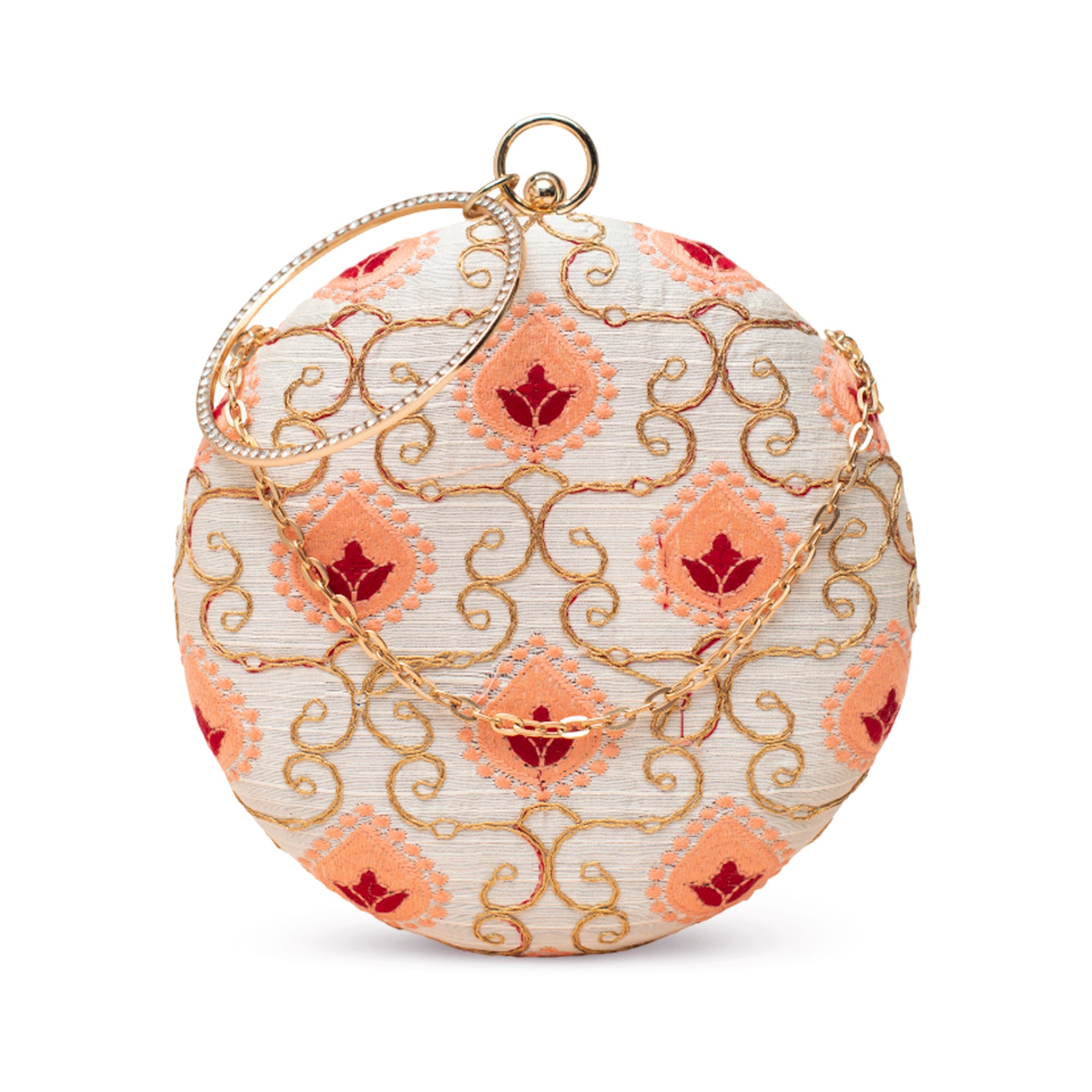 Artklim White–Peach Geometric Floral Embroidery Clutch