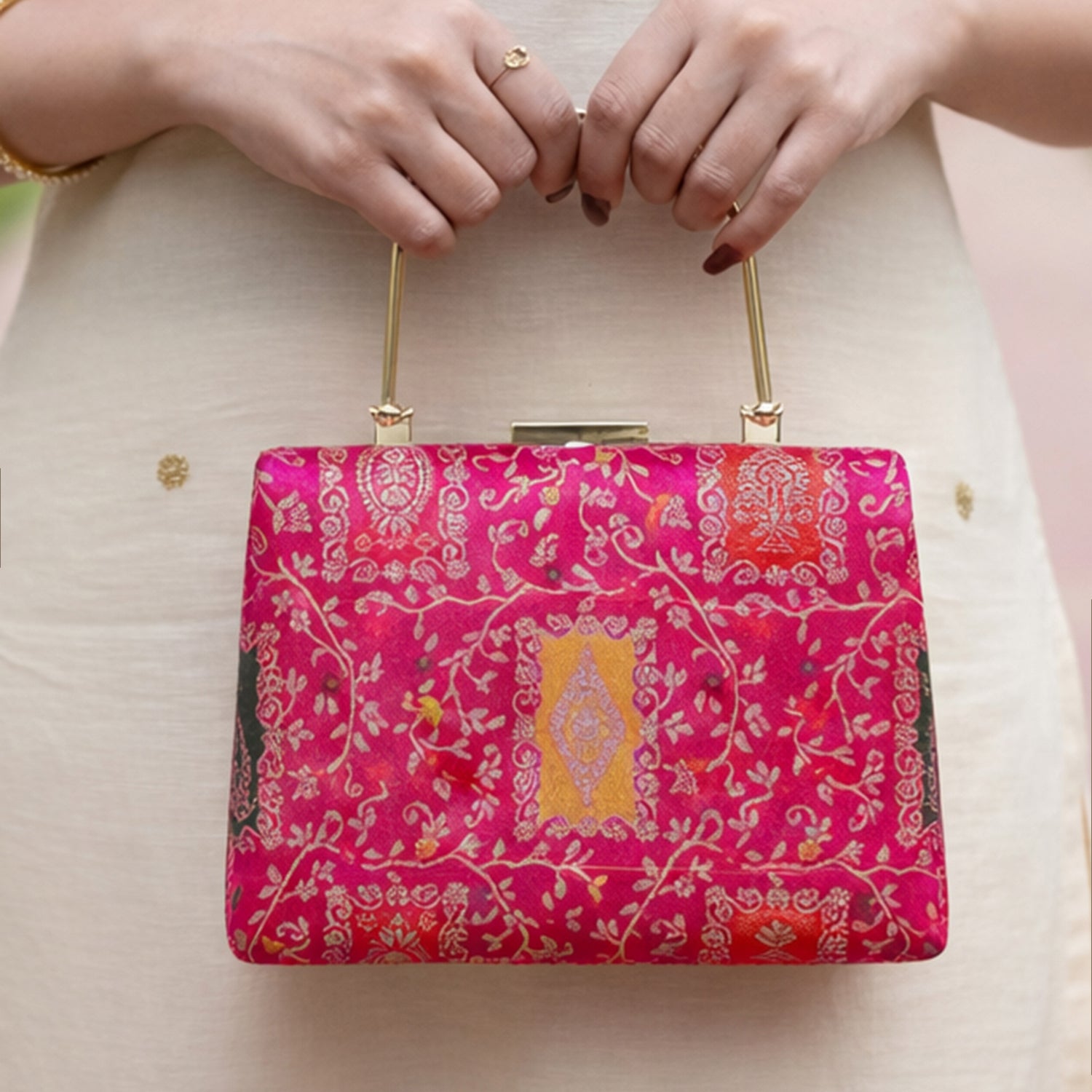 Artklim Pink Based Silver Pattern Printed Brocade Fabric Clutch