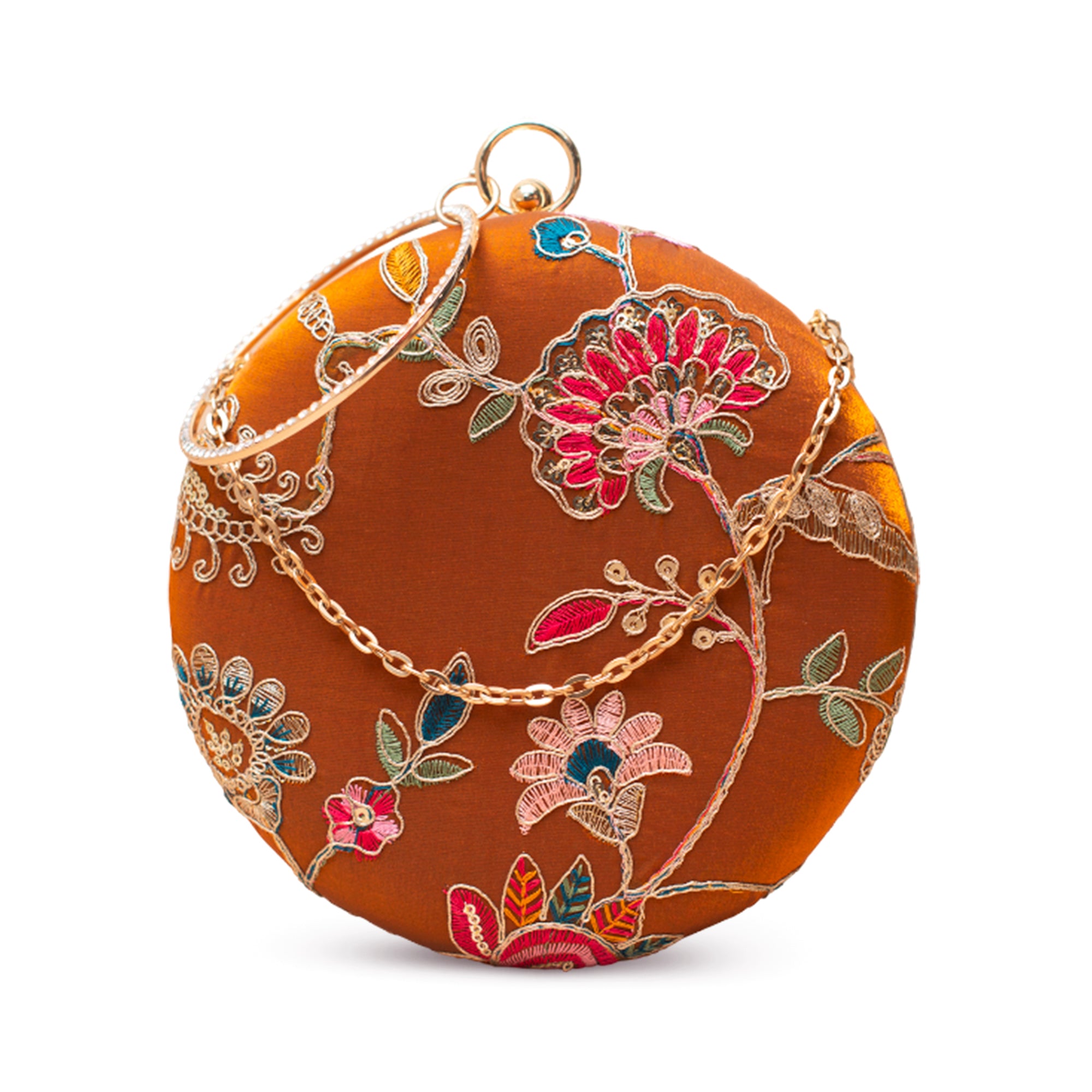 Artklim Burnt Orange Floral Embroidered Clutch