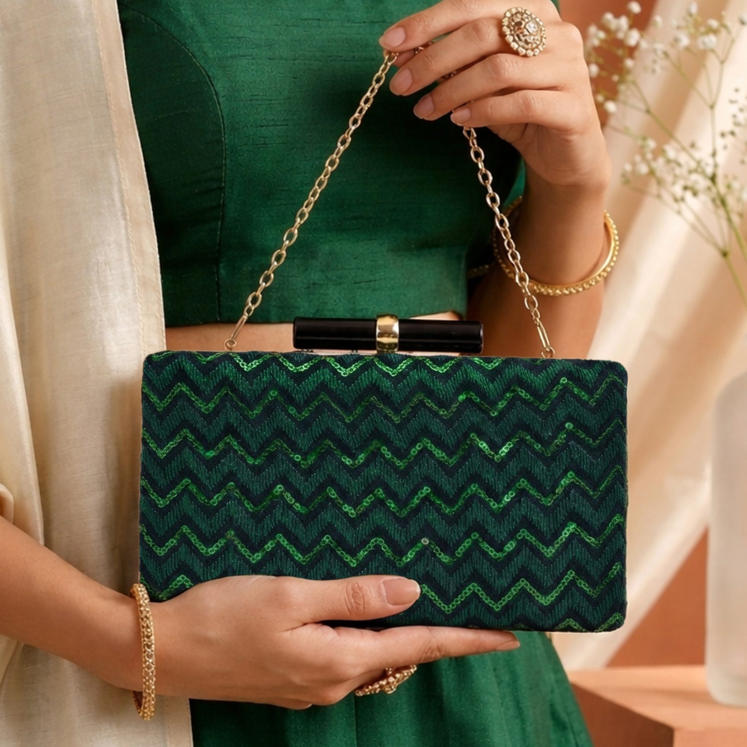 Artklim Green Designer Embroidred Clutch