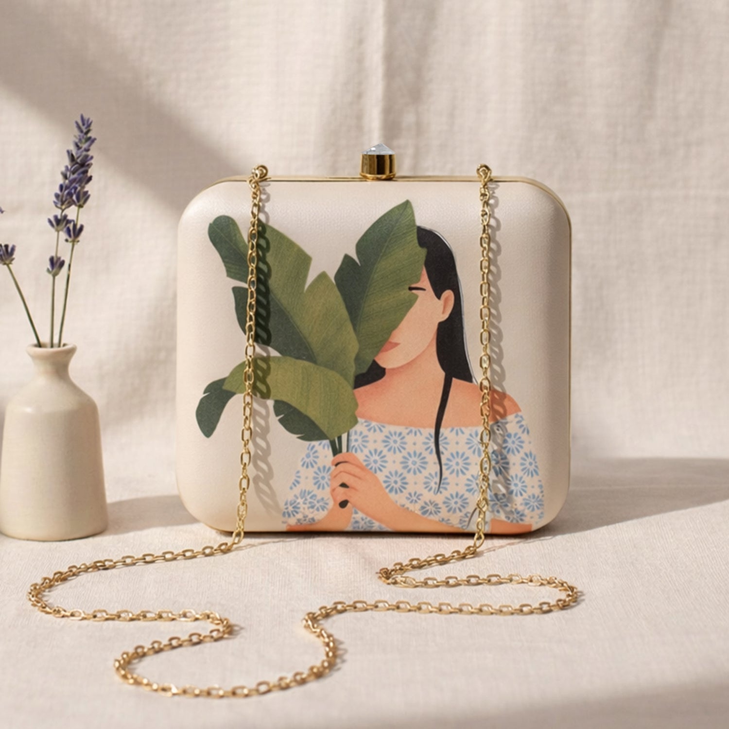 Artklim Beige Based Leaf Girl Portrait Printed Clutch