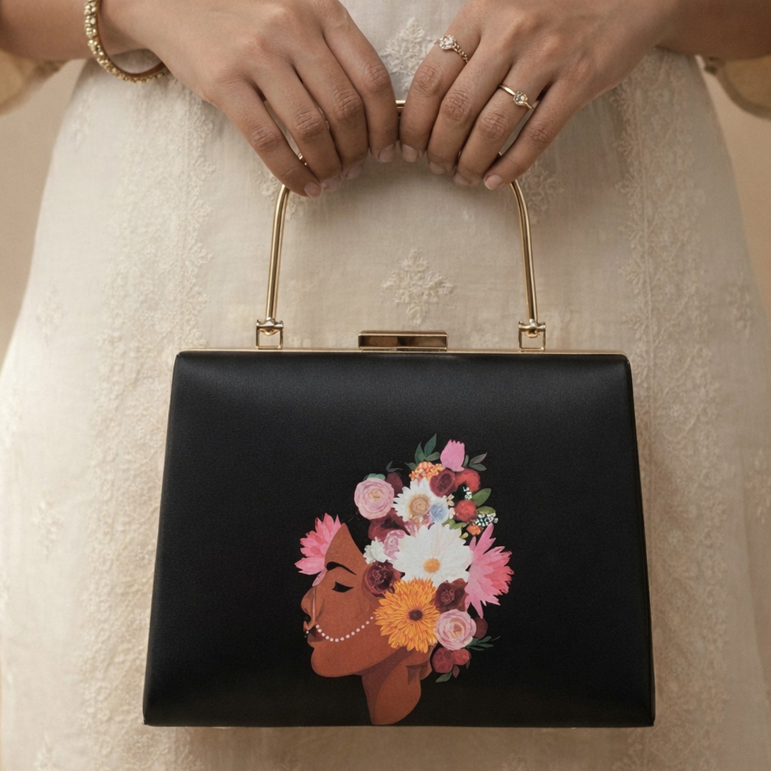 Artklim Black Based Floral Lady Portrait Printed Clutch