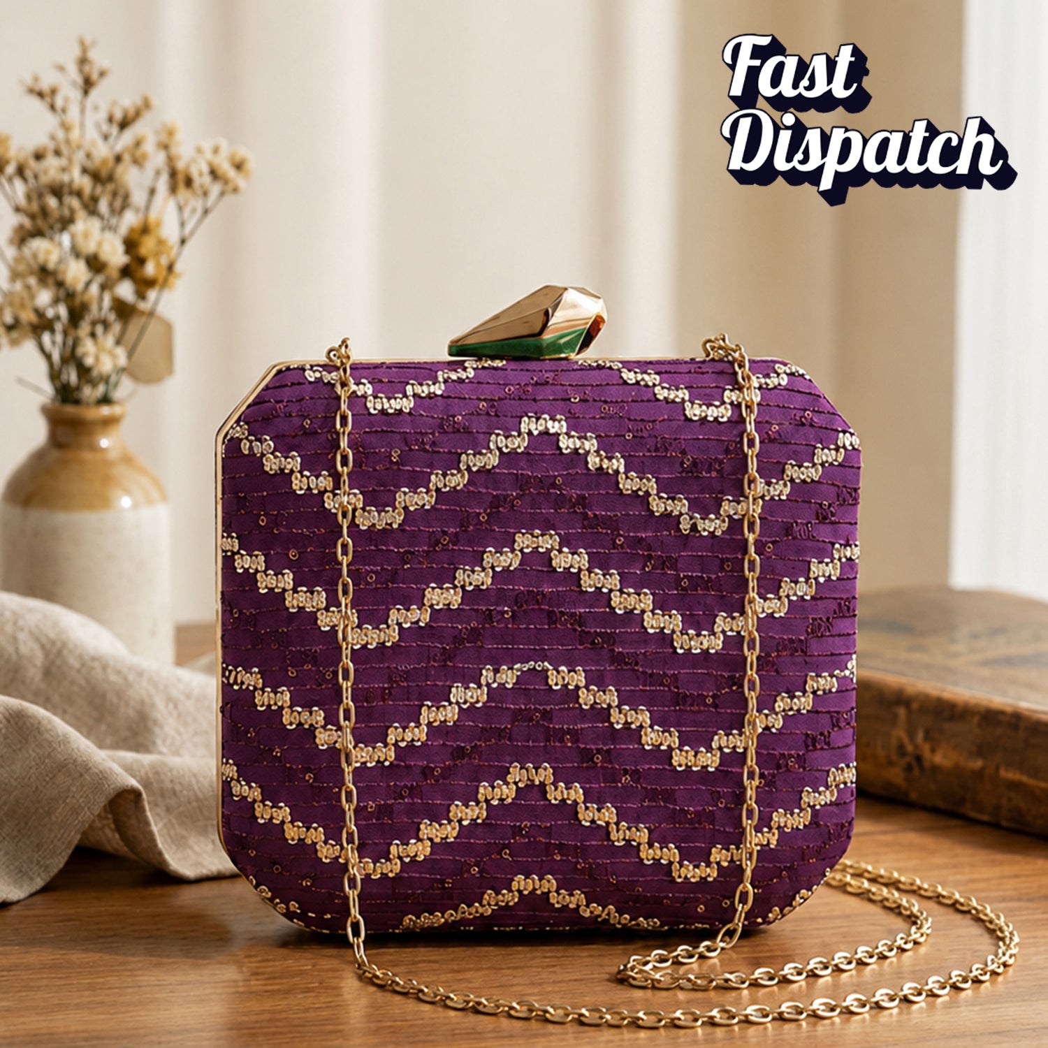 Artklim Purple Sequin Wave Pattern Embroidery Clutch