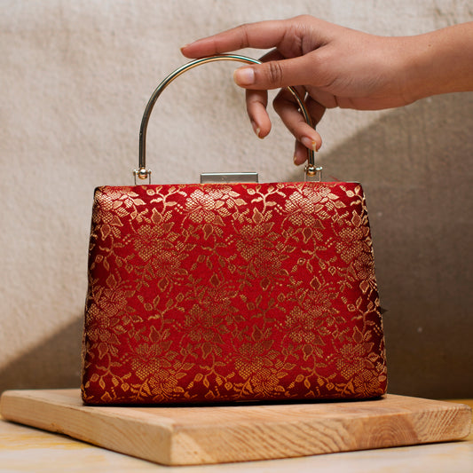 Red And Golden Brocade Fabric Clutch