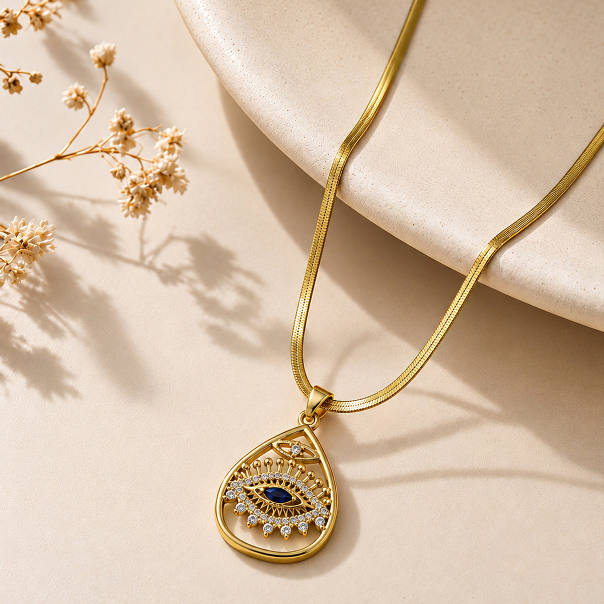 Artklim Elegant Blue Evil Eye Teardrop Crystal Anti-Tarnish Pendant Necklace