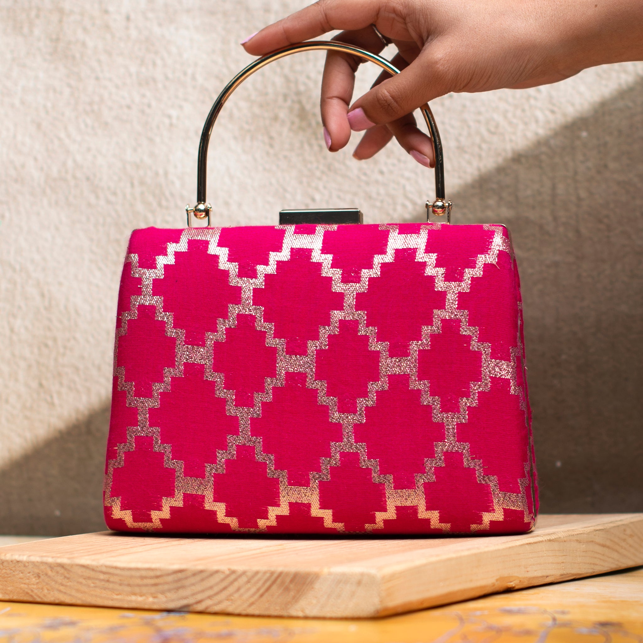 Magenta Pink Brocade Fabric Clutch