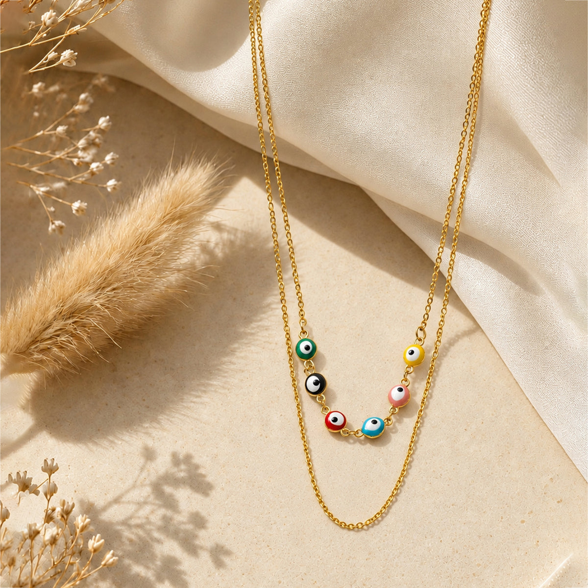 Artklim Multicolor Evil Eye Bead Layered Chain Anti-Tarnish Pendant Necklace