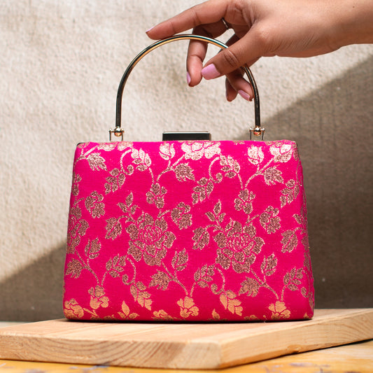 Pink And Golden Brocade Fabric Clutch