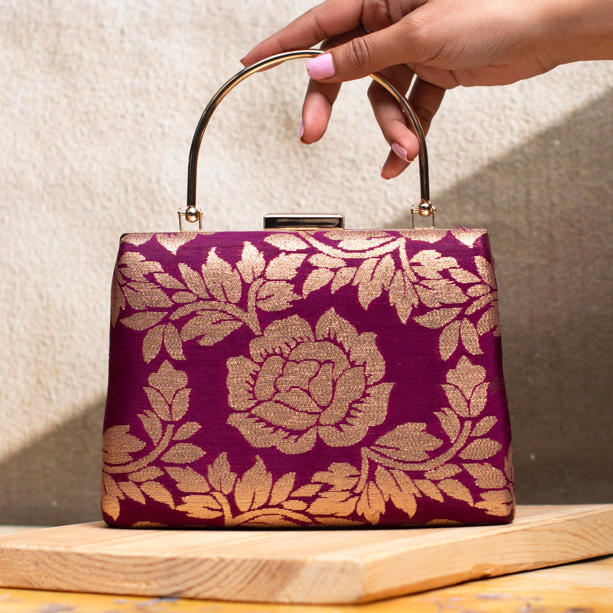 Wine And Golden Brocade Fabric Clutch