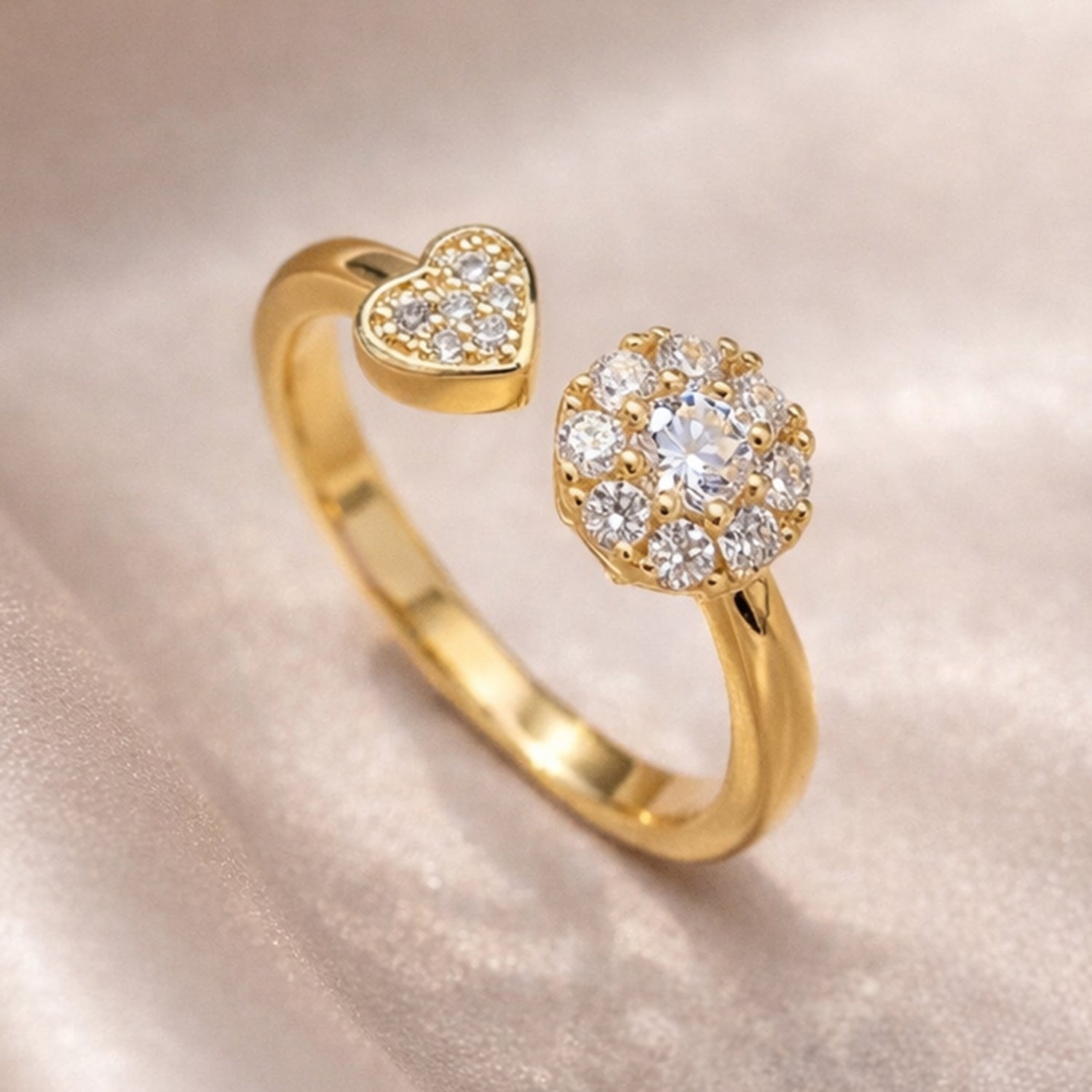 Artklim Gold-Plated Golden Heart & Halo Diamond Anti-Tarnish Ring