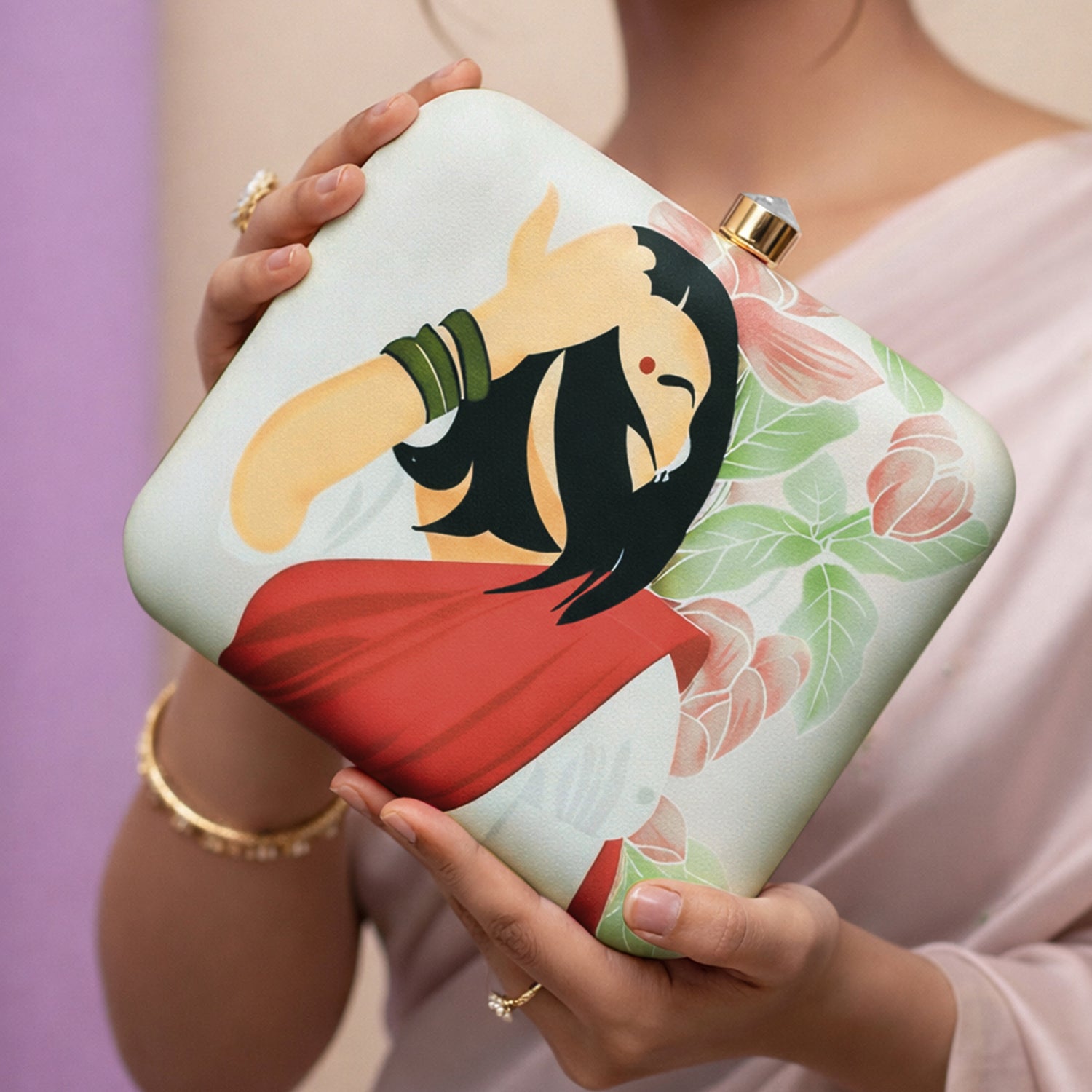 Artklim Red Saree Indian Women Printed Clutch