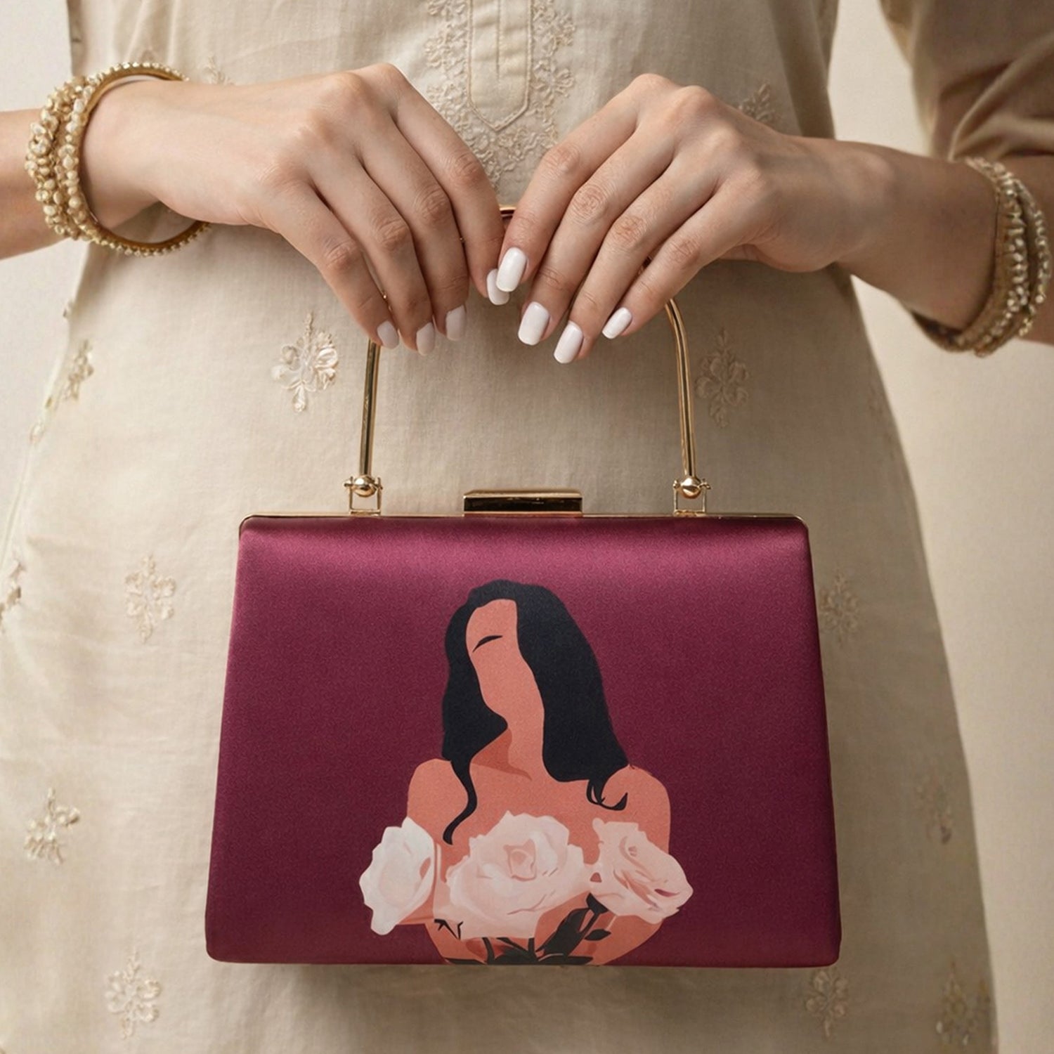 Artklim Maroon Based Floral Girl Portrait Printed Clutch