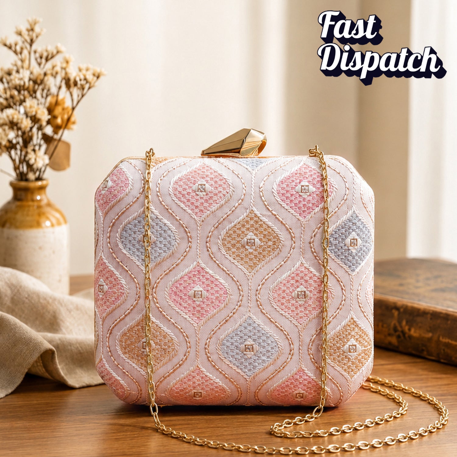Artklim Light Pink Geometric Pattern Embroidery Clutch