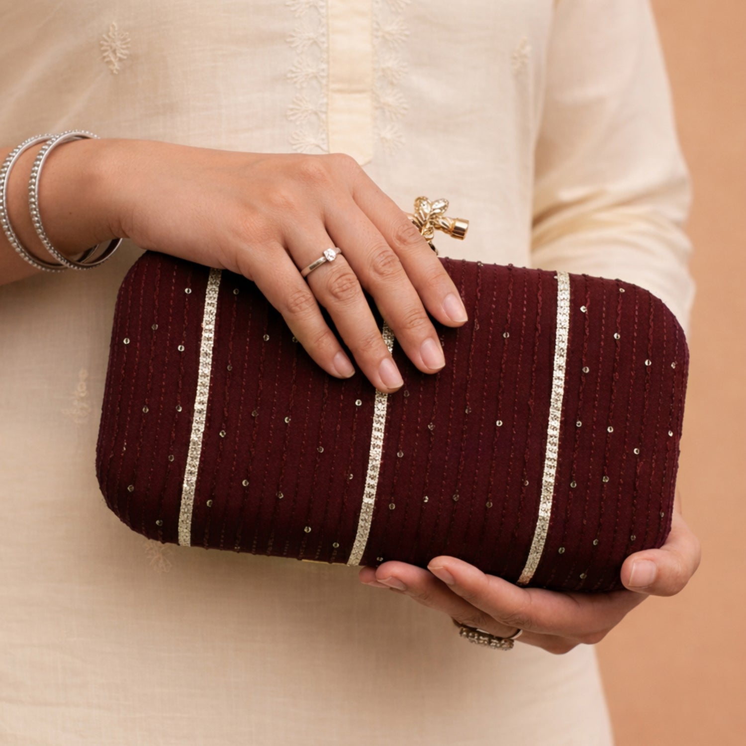 Artklim Dark Maroon Based Sequins And Threadwork Embroidery Clutch