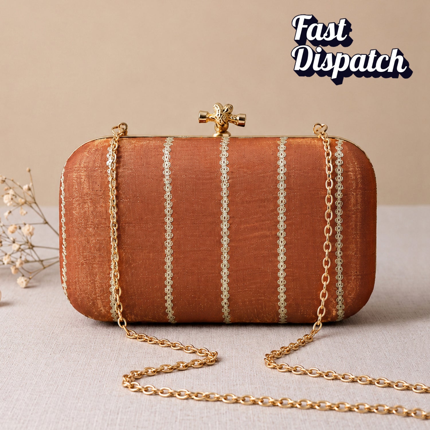 Artklim Elegant Orange Satin Embroidered Clutch