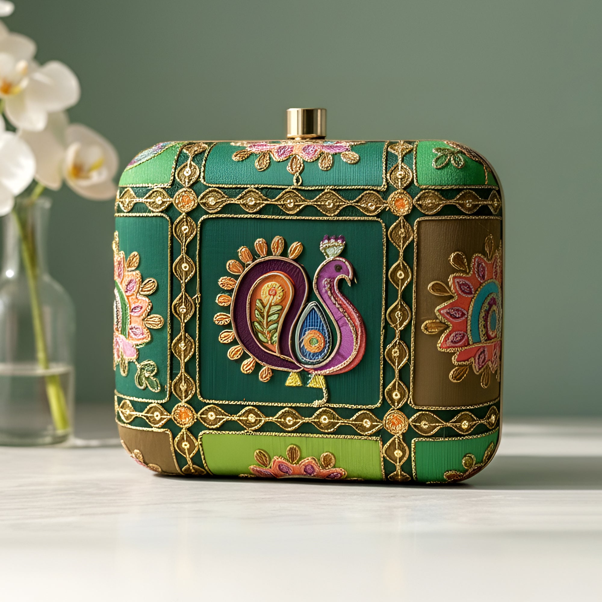 Artklim Royal Green Heritage Peacock Embroidered Clutch