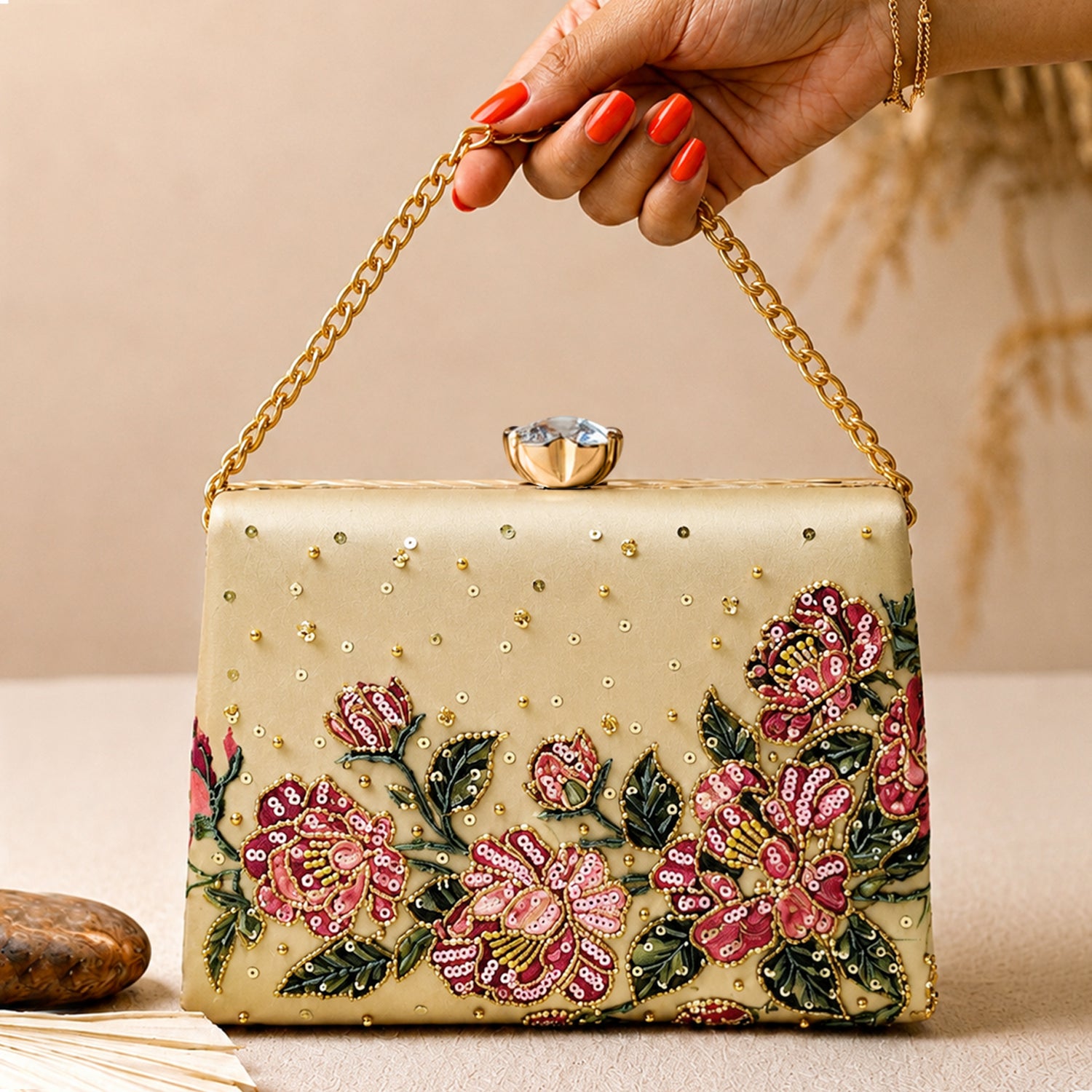 Artklim Gold Floral Embellished Luxury Clutch Bag