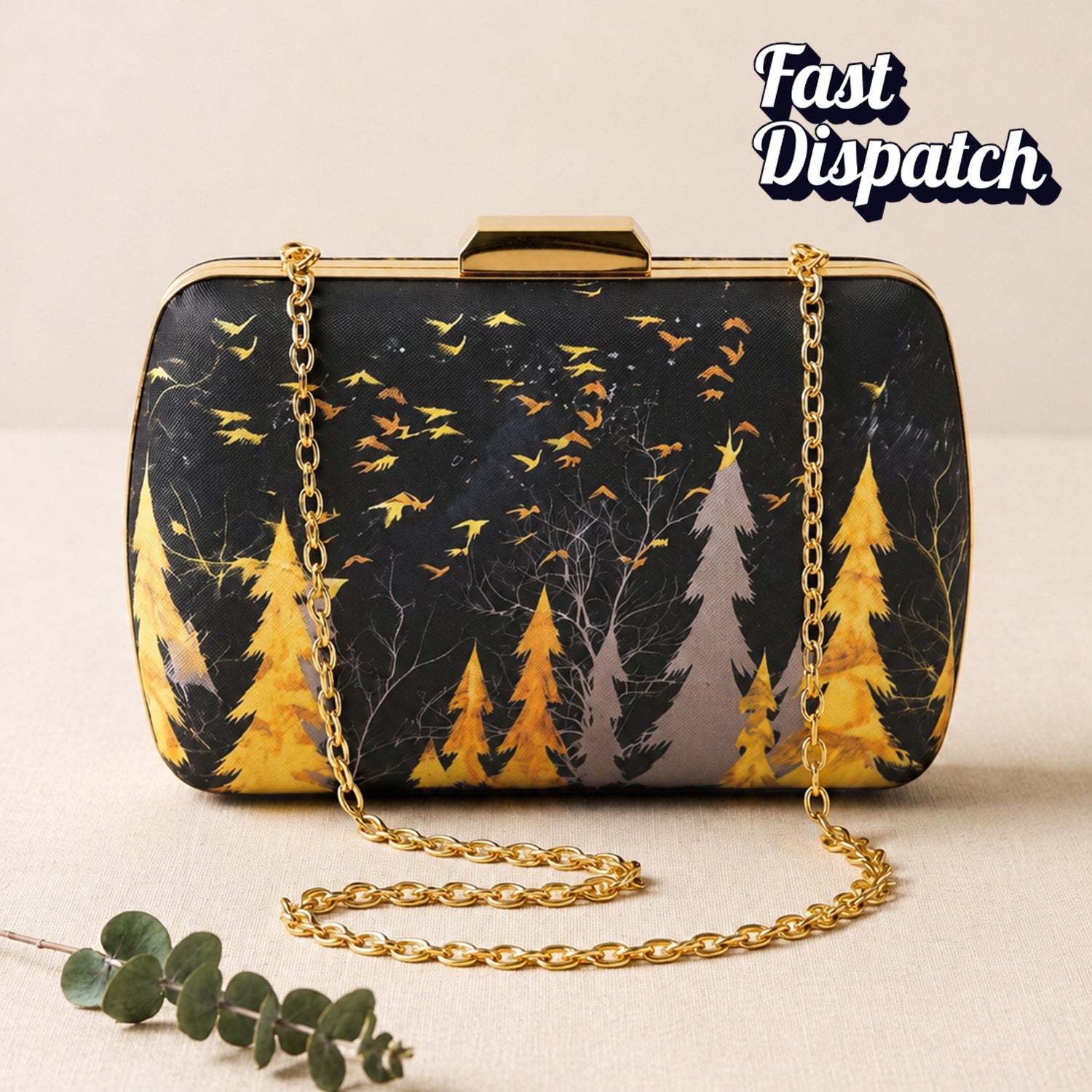 Artklim Black & Golden Forest Print Clutch