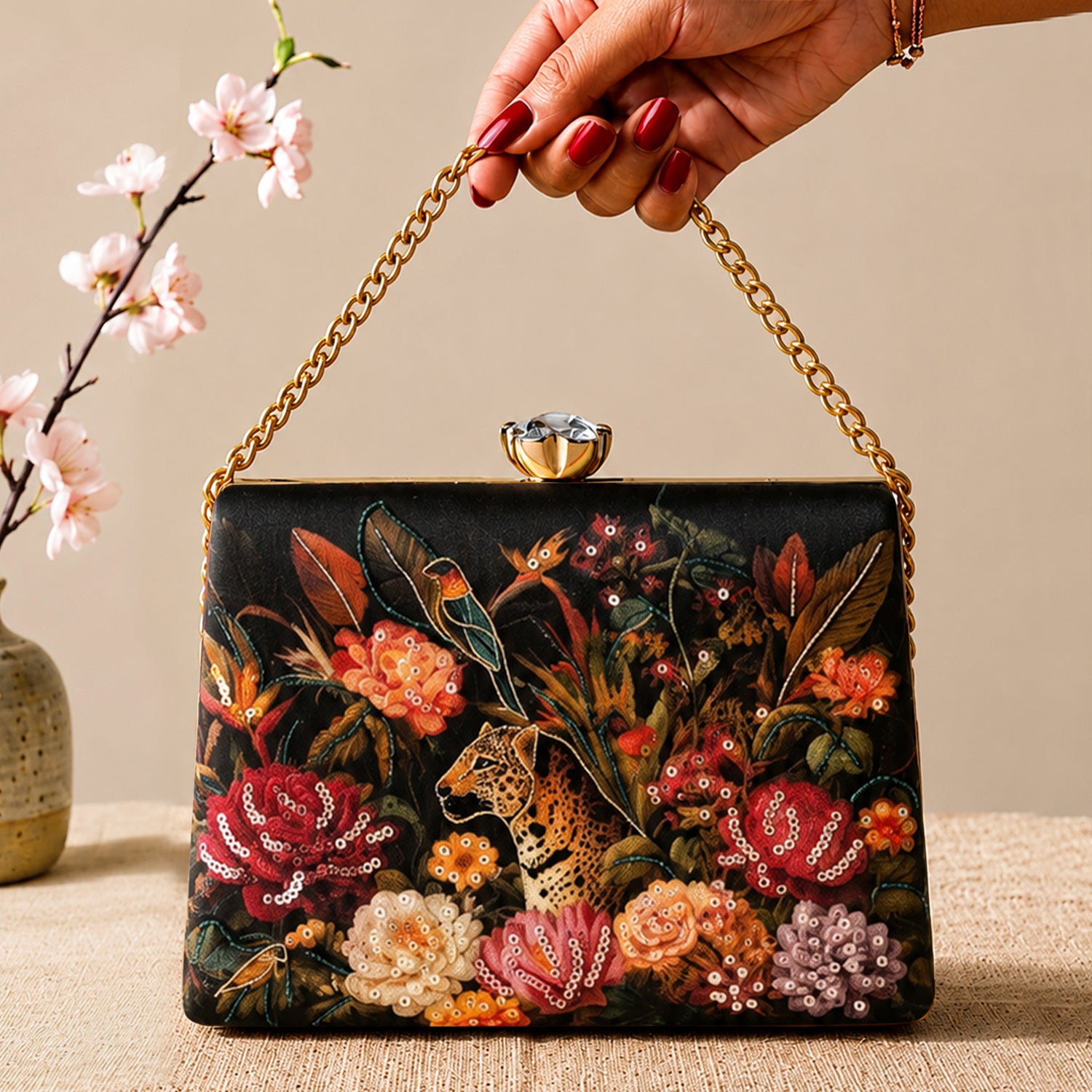 Artklim Printed Wild Garden Leopard Artistic Luxury Clutch with Hand Embroidery