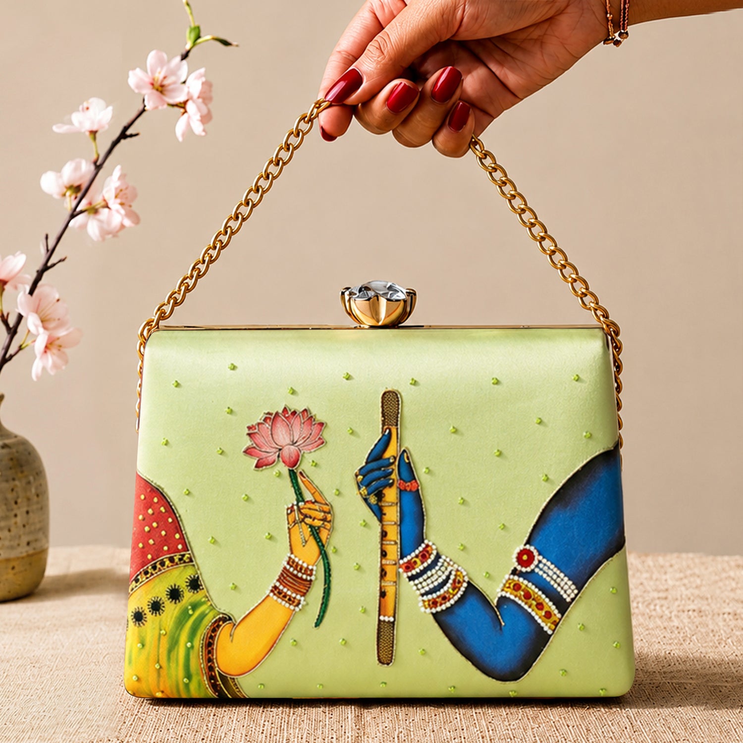 Artklim Printed Divine Harmony Radha Krishna Clutch with Hand Embroidery