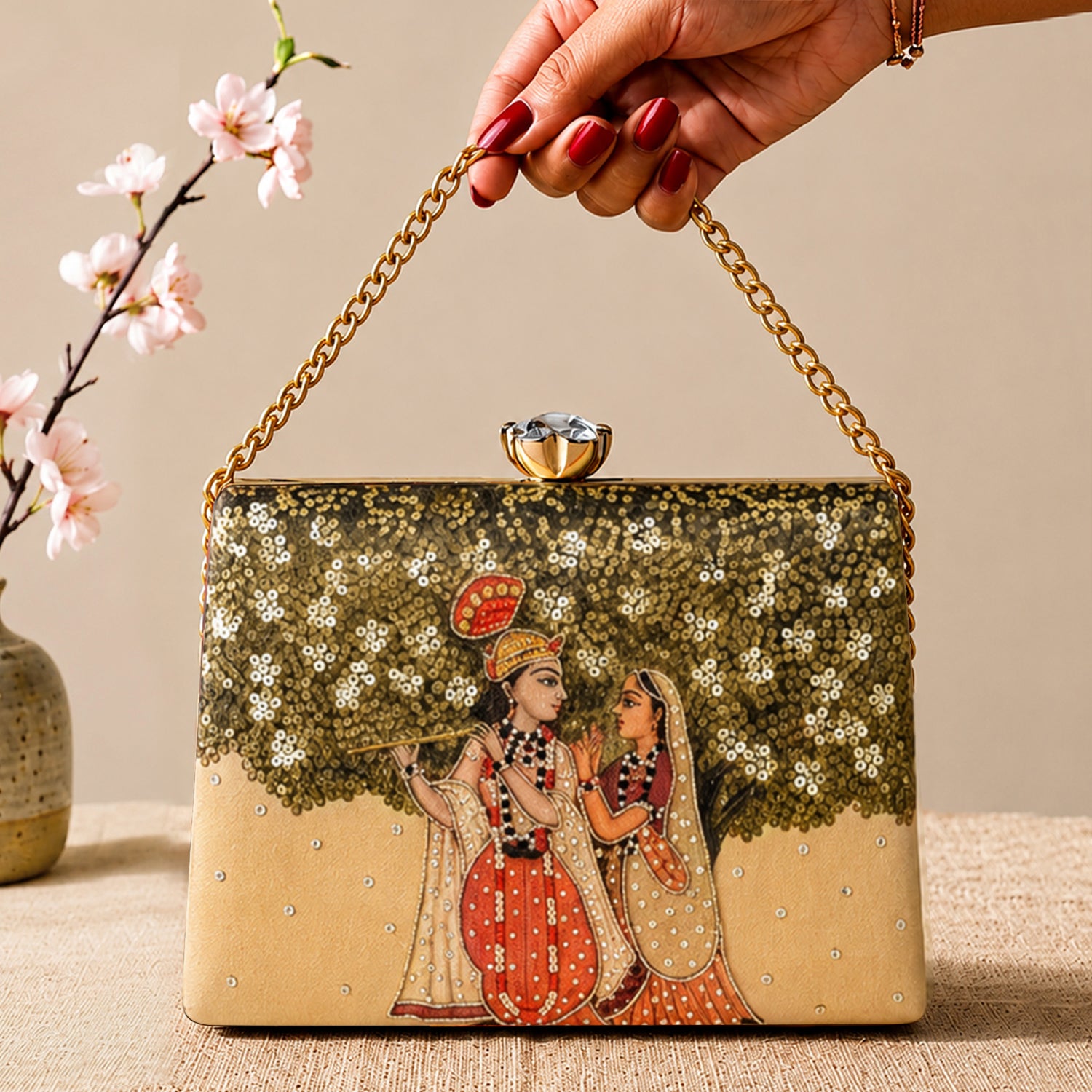 Artklim Printed Radha Krishna Divine Art Clutch with Hand Embroidery