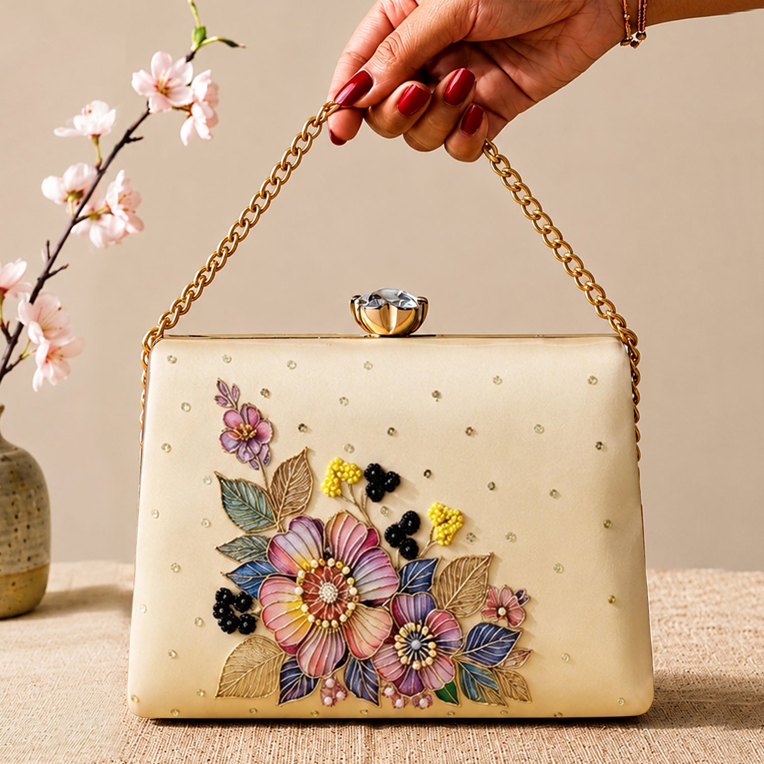Artklim Printed Elegant Floral Pearl Embellished Clutch with Hand Embroidery