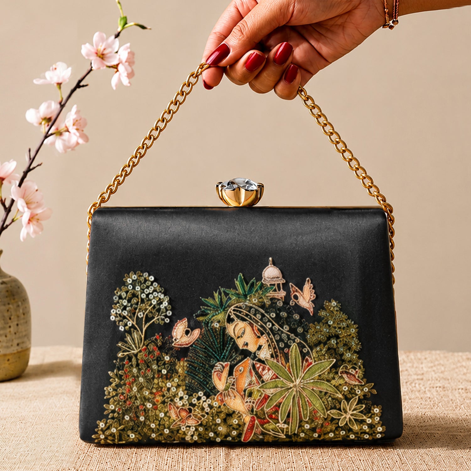 Artklim Printed Enchanted Garden Lady Clutch with Hand Embroidery