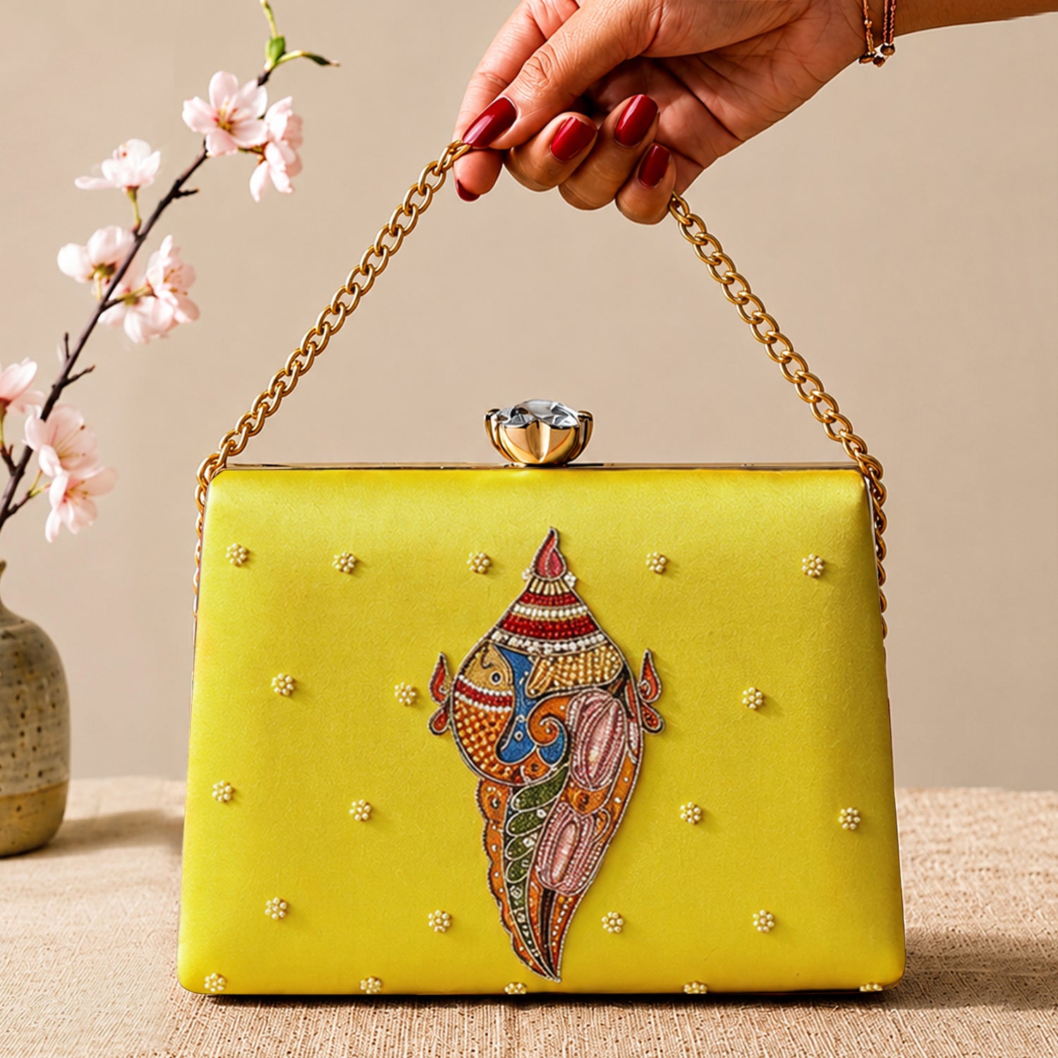 Artklim Printed Heritage Conch Shell Clutch with Hand Embroidery