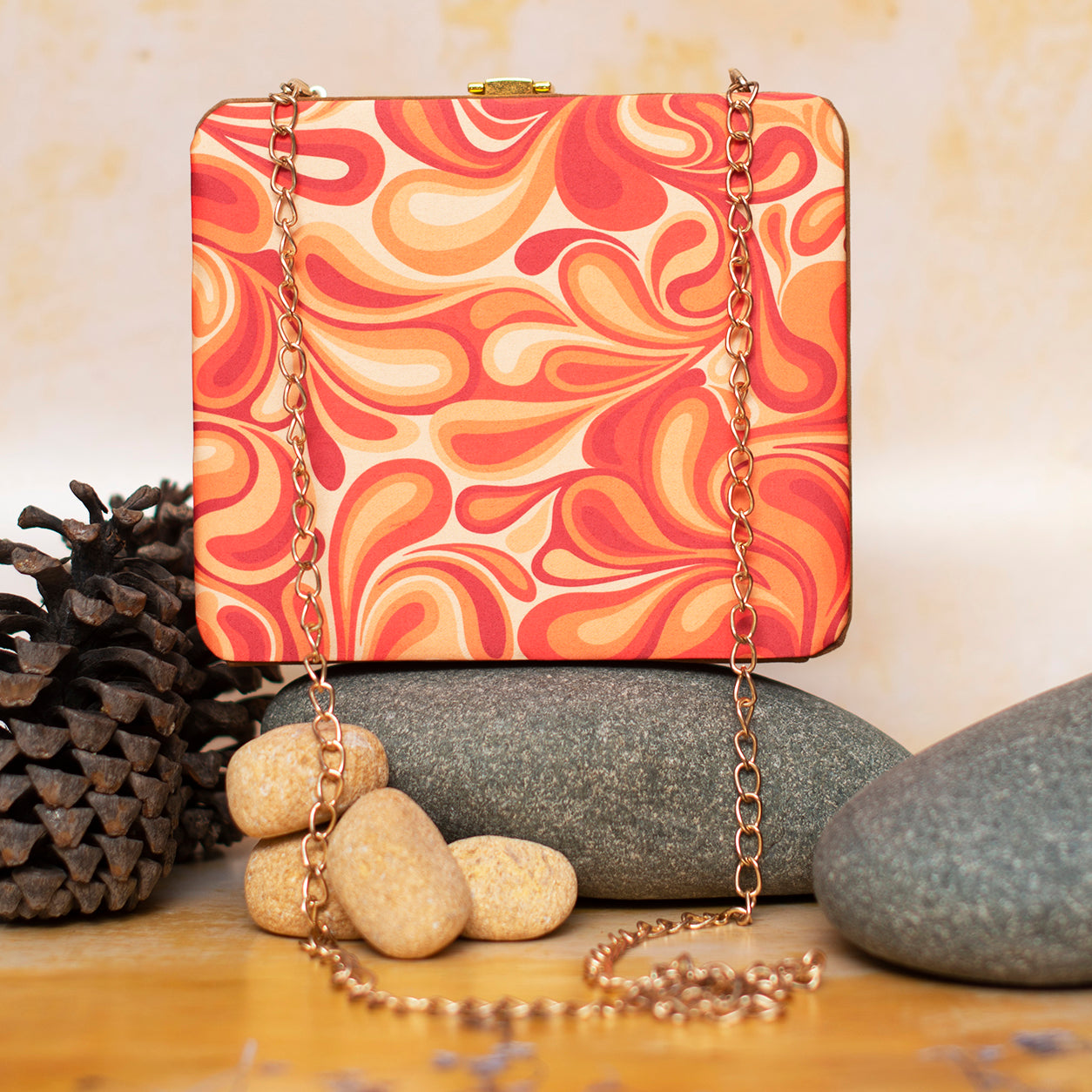 Red-Orange Quirky Printed MDF Clutch