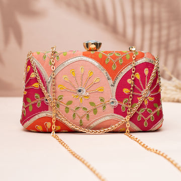 Artklim Pink & Red Embroidered Clutch