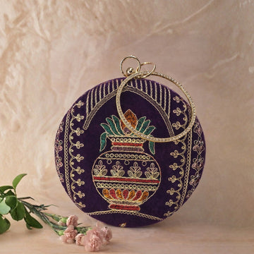 Artklim Royal Purple Round Embroidered Clutch