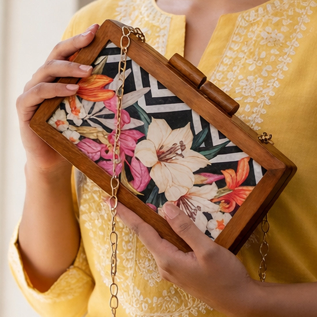Artklim White Floral Wooden Printed Clutch