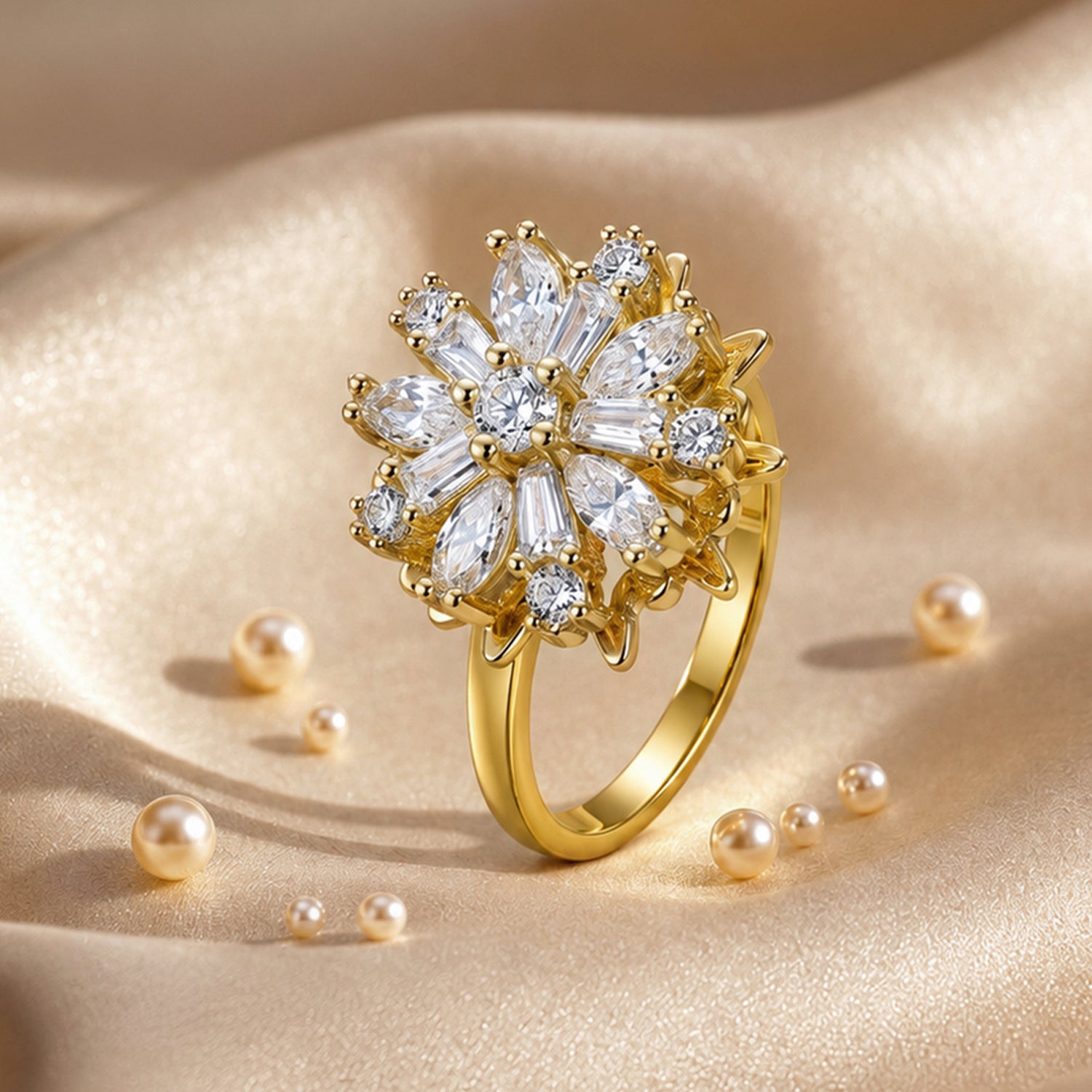Artklim Gold Revolving Crystal Bloom Adjustable Anti-Tarnish Copper Ring