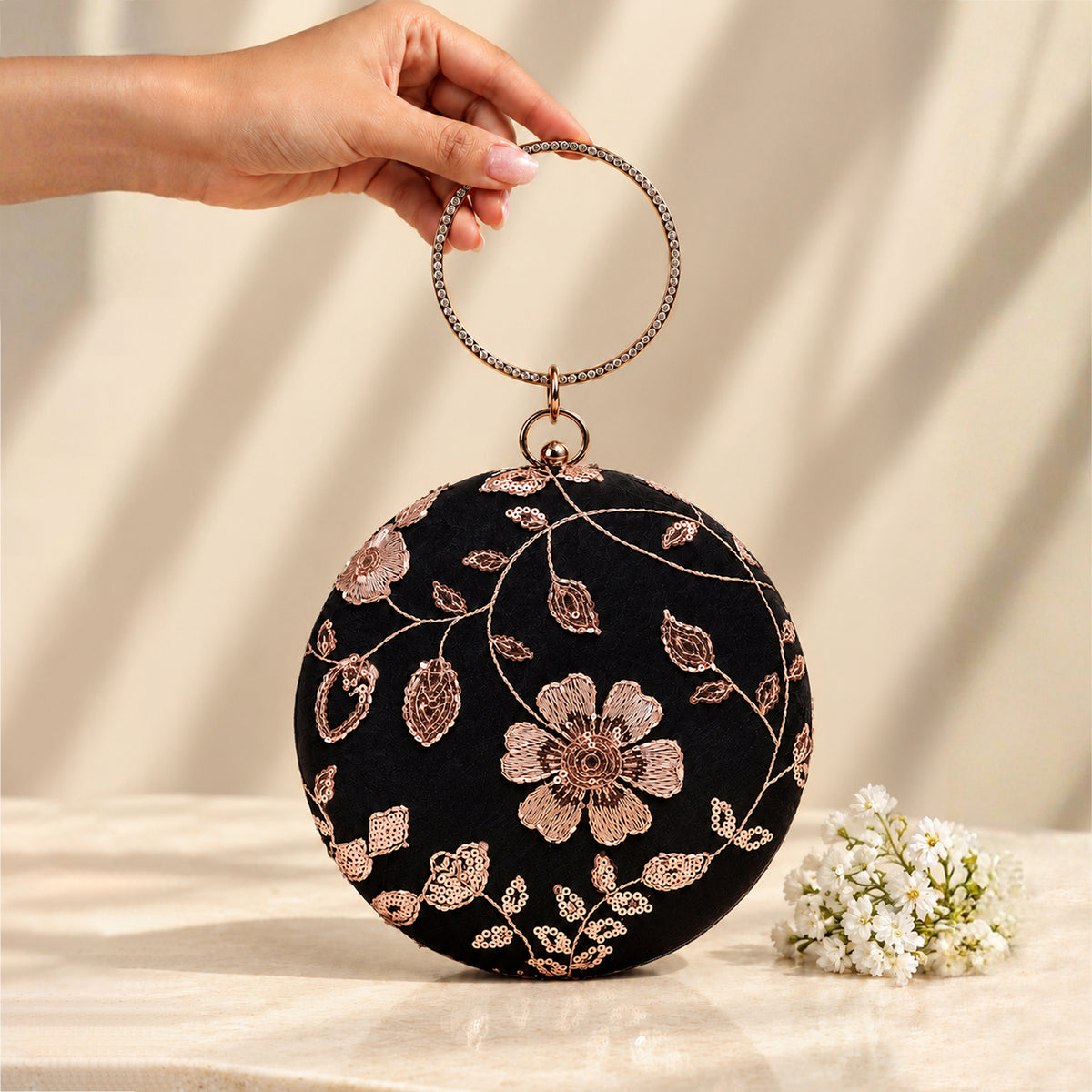Artklim Luxury Black Floral Embroidered Round Clutch Bag with Golden Crystal Ring Handle