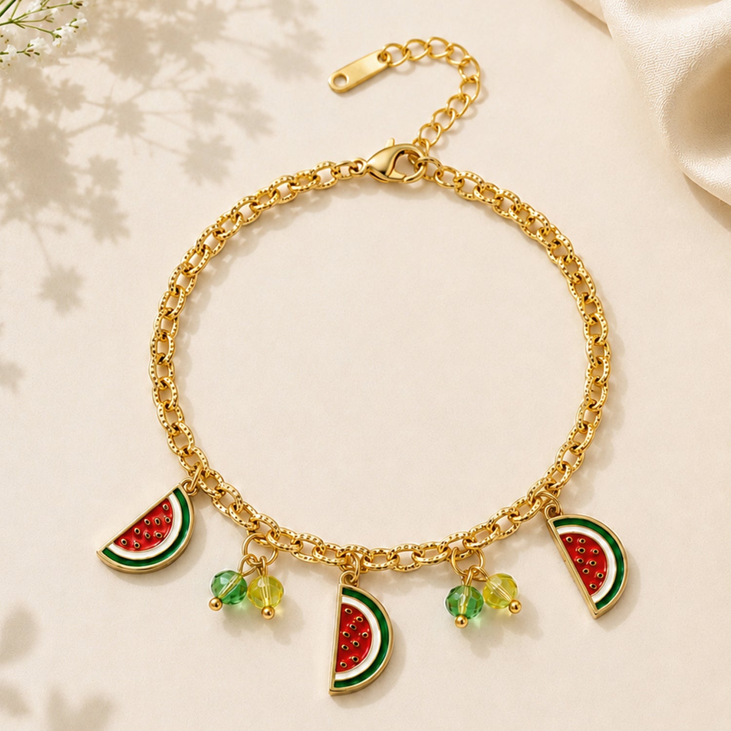 Artklim Watermelon Slice Crystal Charm Gold Anti-Tarnish Bracelet