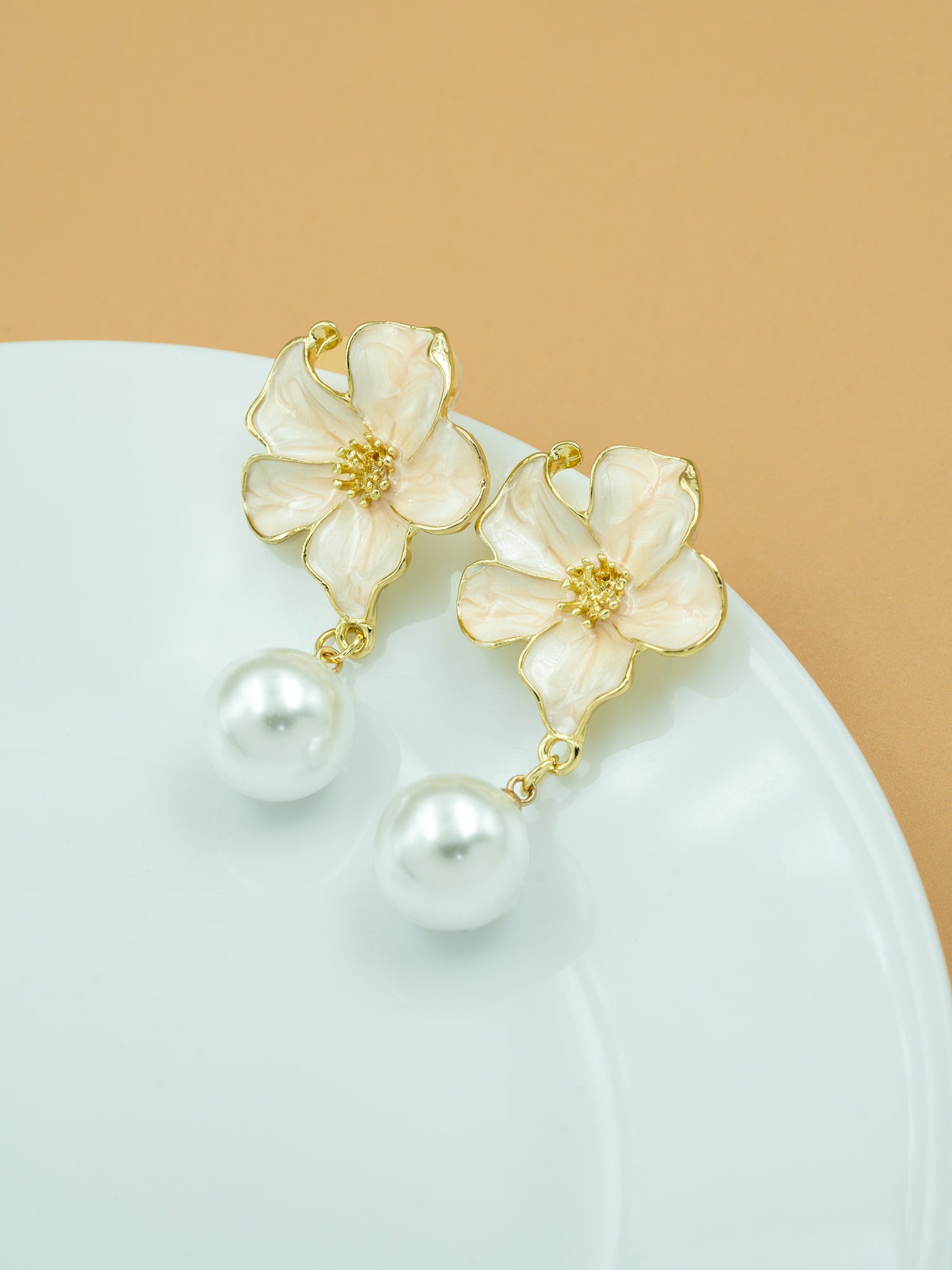 Artklim White Floral Pearl Drop Anti Tarnish Earrings