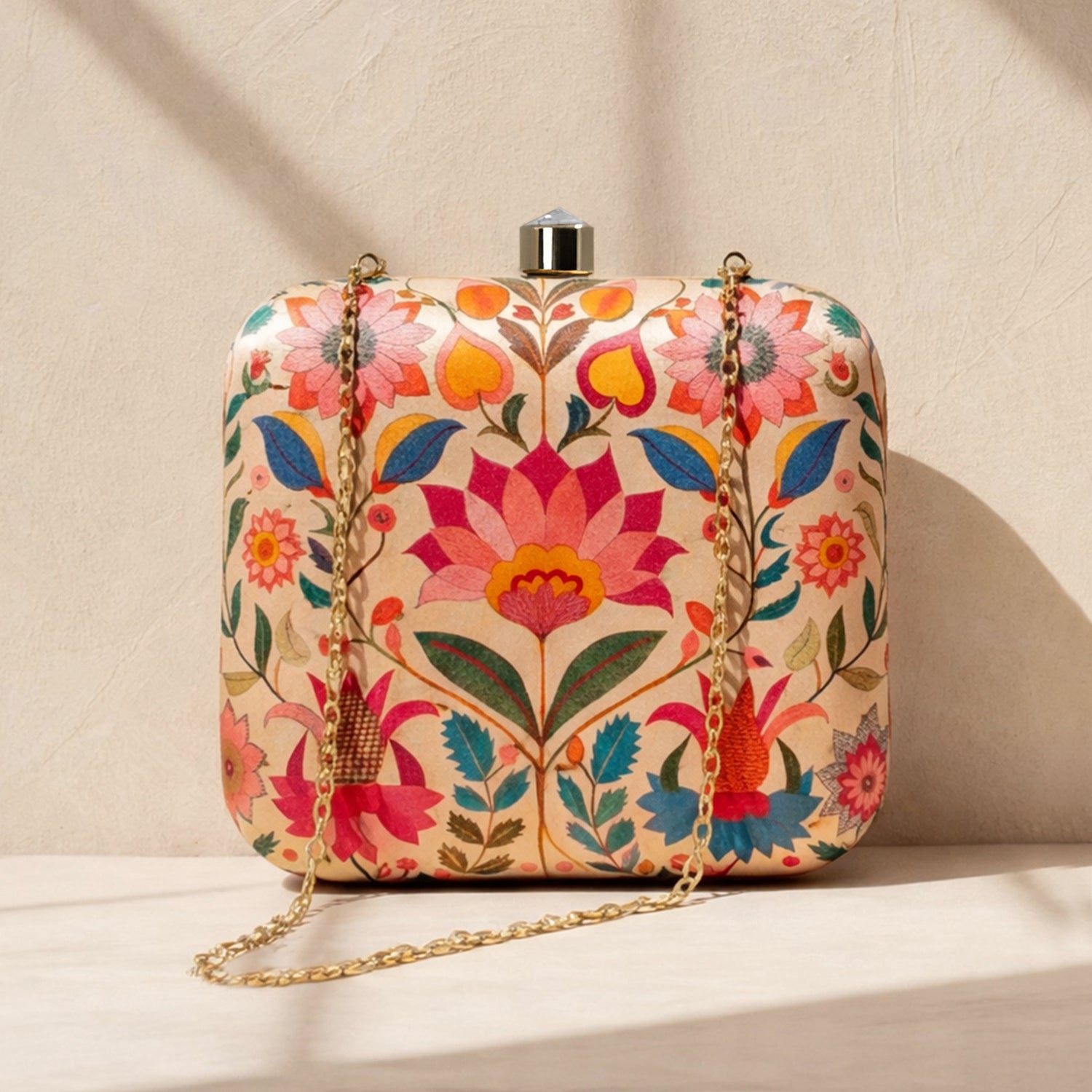 Beige Based Floral Printed Clutch