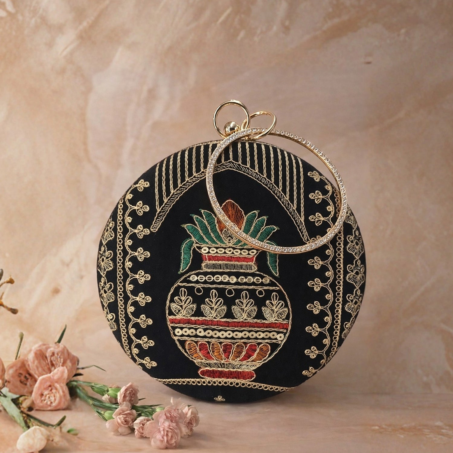Artklim Royal Black Round Embroidered Clutch